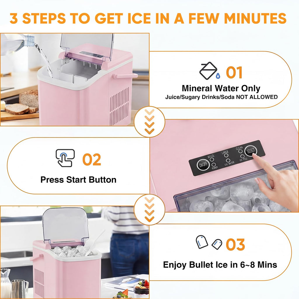 NEWBULIG Ice Makers Countertop with Handle, Portable Ice Machine, 9 Bullet Ice Cubes in 6 Mins, 26lbs in 24Hrs, Auto-Cleaning, with Basket and Scoop, for Home, Kitchen, RV, Camping,Black