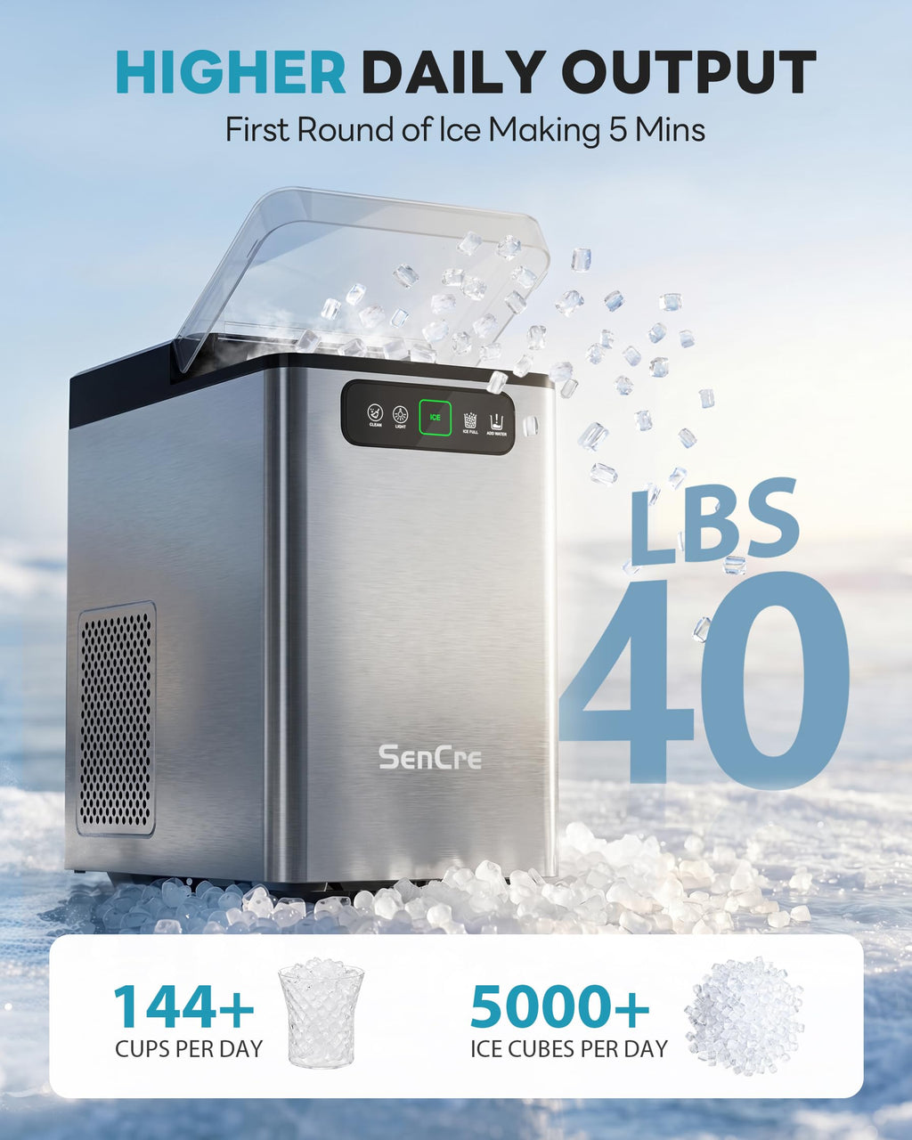 Nugget Ice Maker Countertop 40Lbs/24H Soft Chewable Ice Machine Pellet Crushed Ice Makers, One-Click Operation Auto Self-Cleaning Stainless Steel with Scoop for Home Kitchen Office, Grey