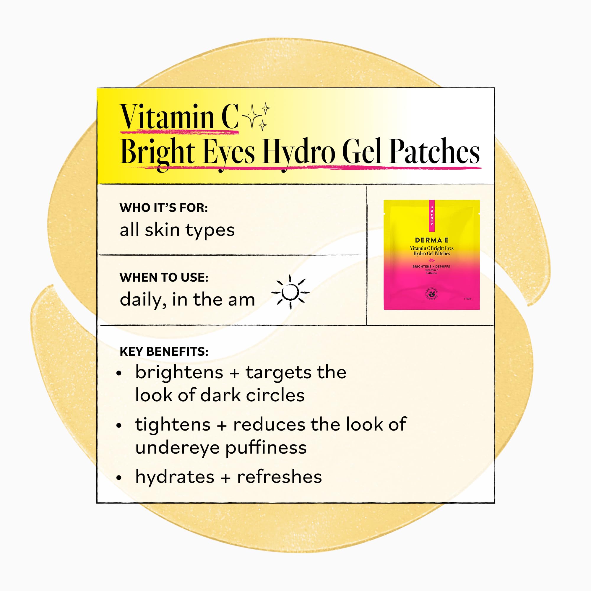 Derma E Vitamin C Bright Eyes Hydro Gel Under Eye Patches for Dark Circles (60 Ct, 30 Pairs) Allantoin, Caffeine & Vitamin B3, Eye Patches for Fine Lines, Wrinkles, Dark Circles & Puffy Eyes
