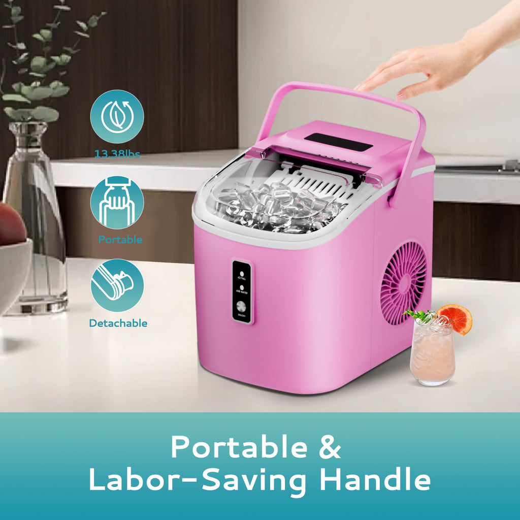 EUHOMY Ice Maker Countertop, Portable Ice Machine with Carry Handle, 26.5lbs Per Day, 9 Cubes in 6 Mins, Auto-Cleaning, with Basket and Scoop, for Home, Kitchen, Camping, RV (Silver)
