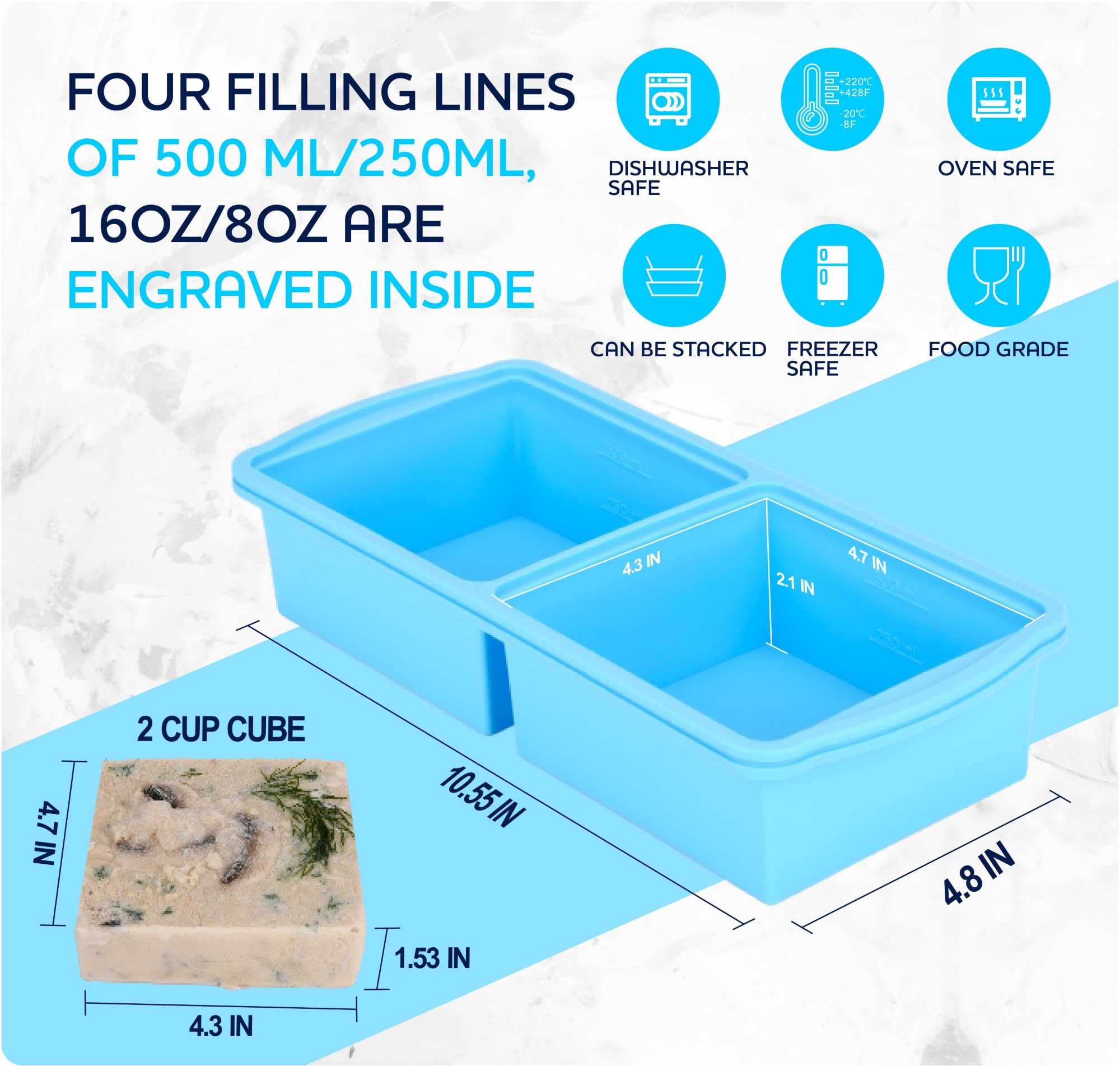 ZIP STANDING Silicone Freezer Trays with Lid,1-cup Soup Freezer Container large Ice Cube Molds with Reinforced Steel Ring Top for freezing Soup Sauce Broth Leftovers oven Dishwasher -Safe(2-Pack)