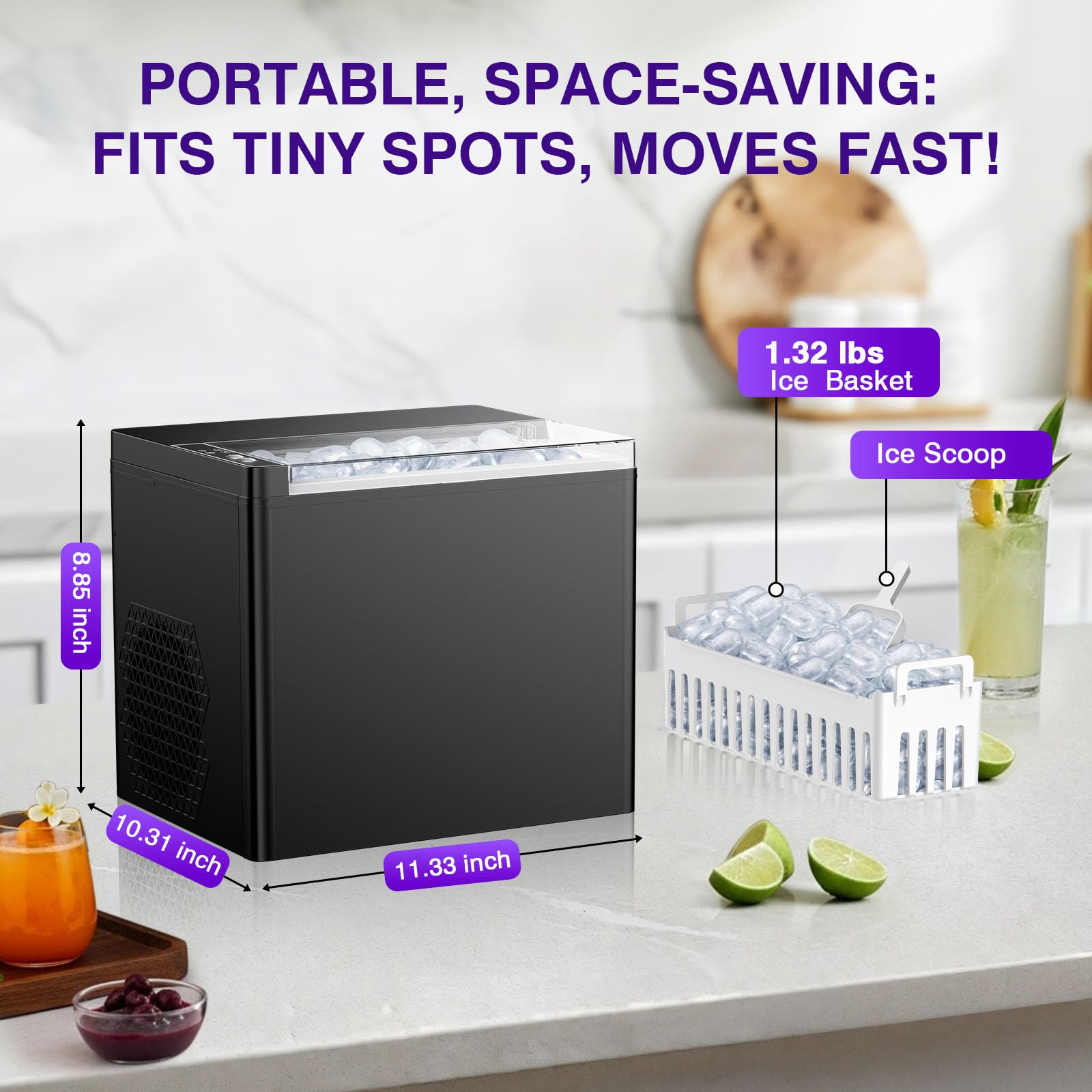 Countertop Ice Makers Machine, Portable Ice Machine Producing 9 Ice Cubes Within 6 Mins, Bullet Ice Available in Two Sizes(S/L), Compact Mini Ice Maker Appliance for Home Kitchen Camping (Soot)