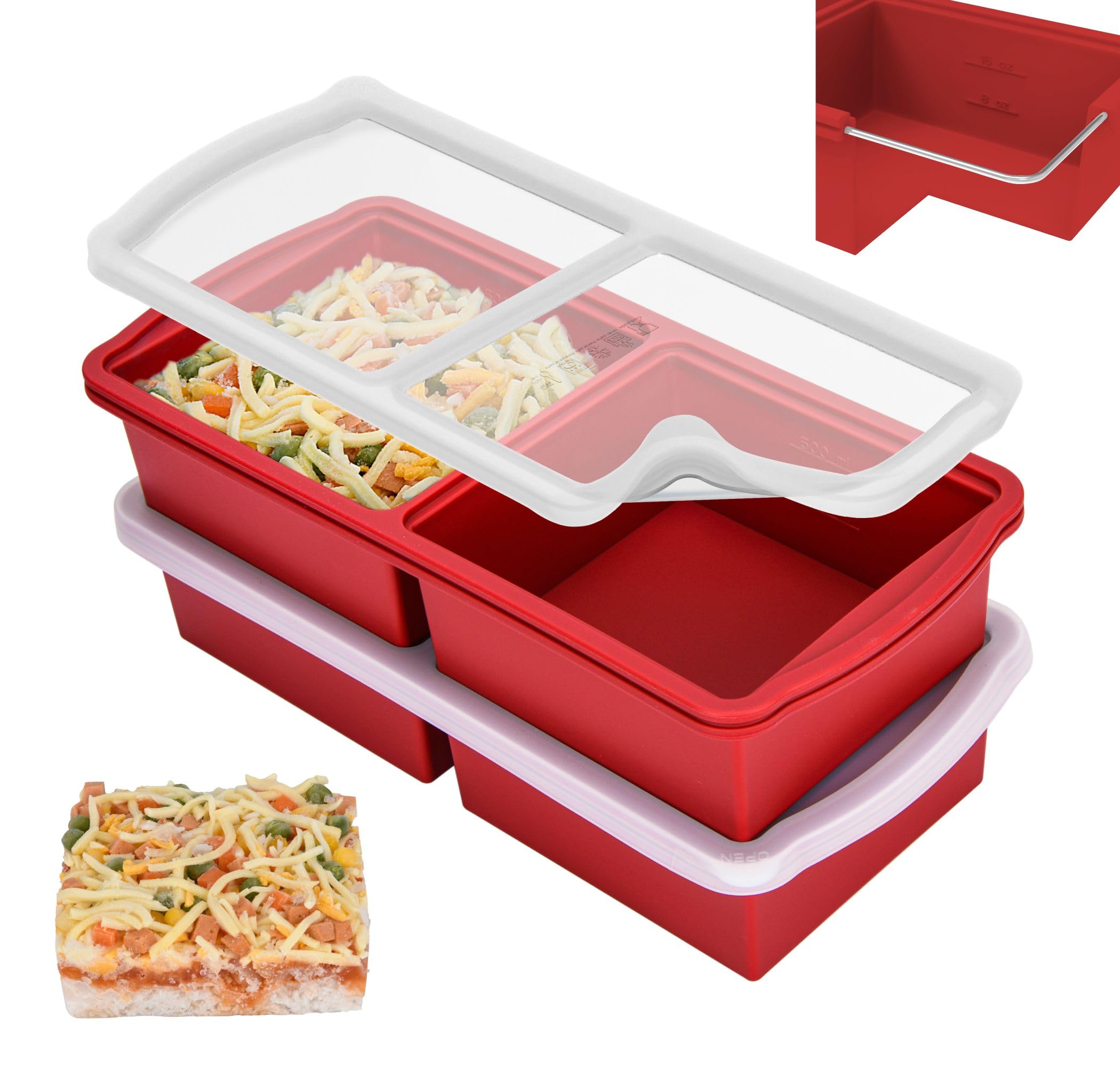 ZIP STANDING Silicone Freezer Trays with Lid,1-cup Soup Freezer Container large Ice Cube Molds with Reinforced Steel Ring Top for freezing Soup Sauce Broth Leftovers oven Dishwasher -Safe(2-Pack)