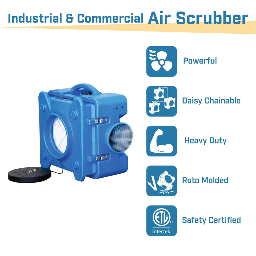 BlueDri Air Shield 550 HEPA Air Scrubber, Water Damage Restoration Equipment Air Purifier, Covers 1400 Sq. Ft, Daisy Chain Capable, For Commercial Use, Blue, BD-AS-550