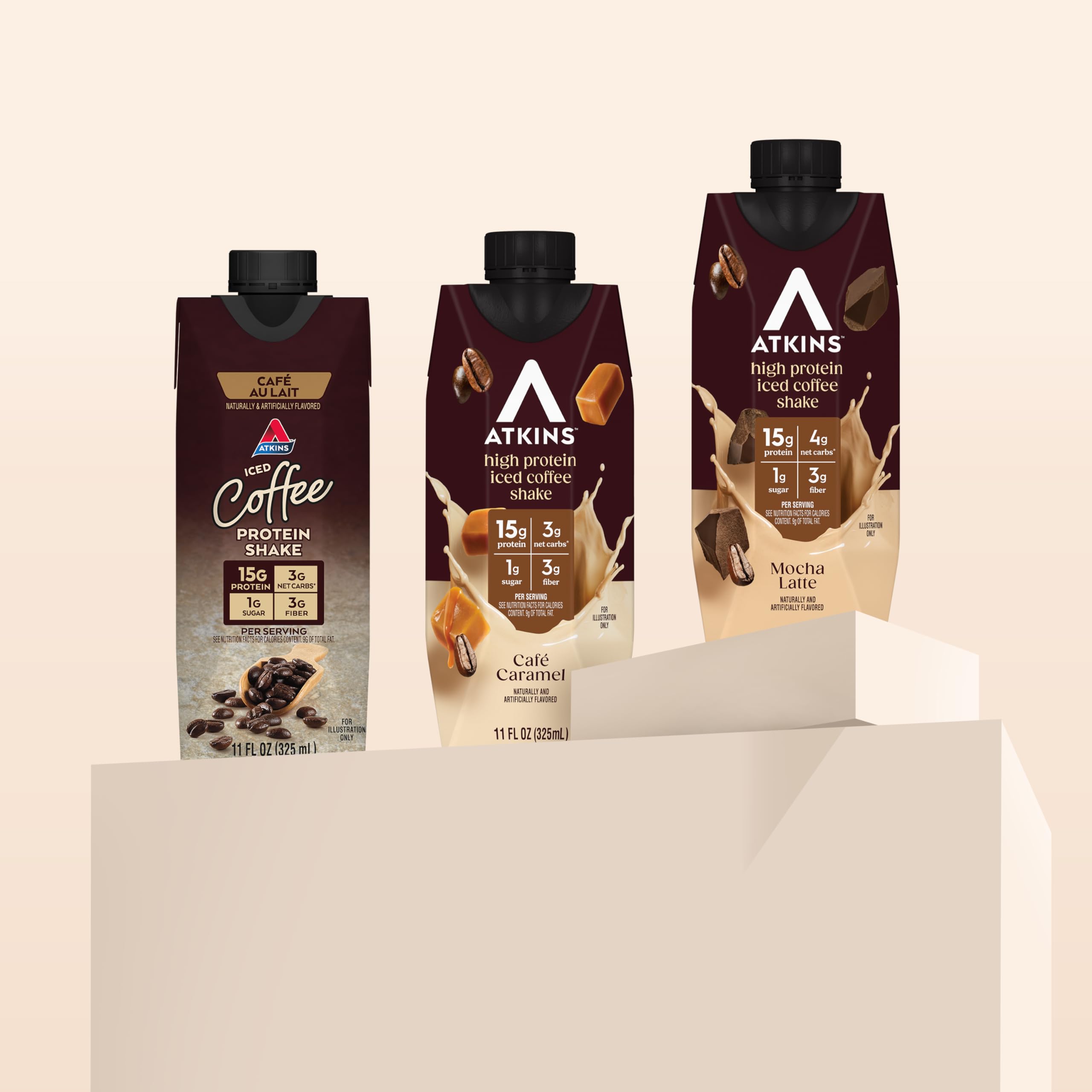 Atkins Coffee Lovers Protein Shake Variety Pack, Mocha Latte, Café Caramel and Café au Lait Flavored Protein Shakes, 15g Protein, 3g Fiber, GLP-1 Friendly, 12 Count