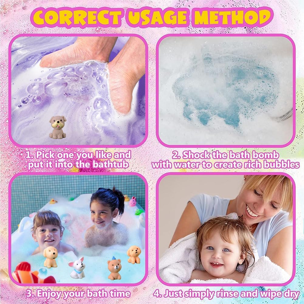 Kids Bath Bombs with Surprise Inside, 20 Pack Bring Dog and cat Toys Gift Set, Natural Organic Bubble Bath Foam Bath