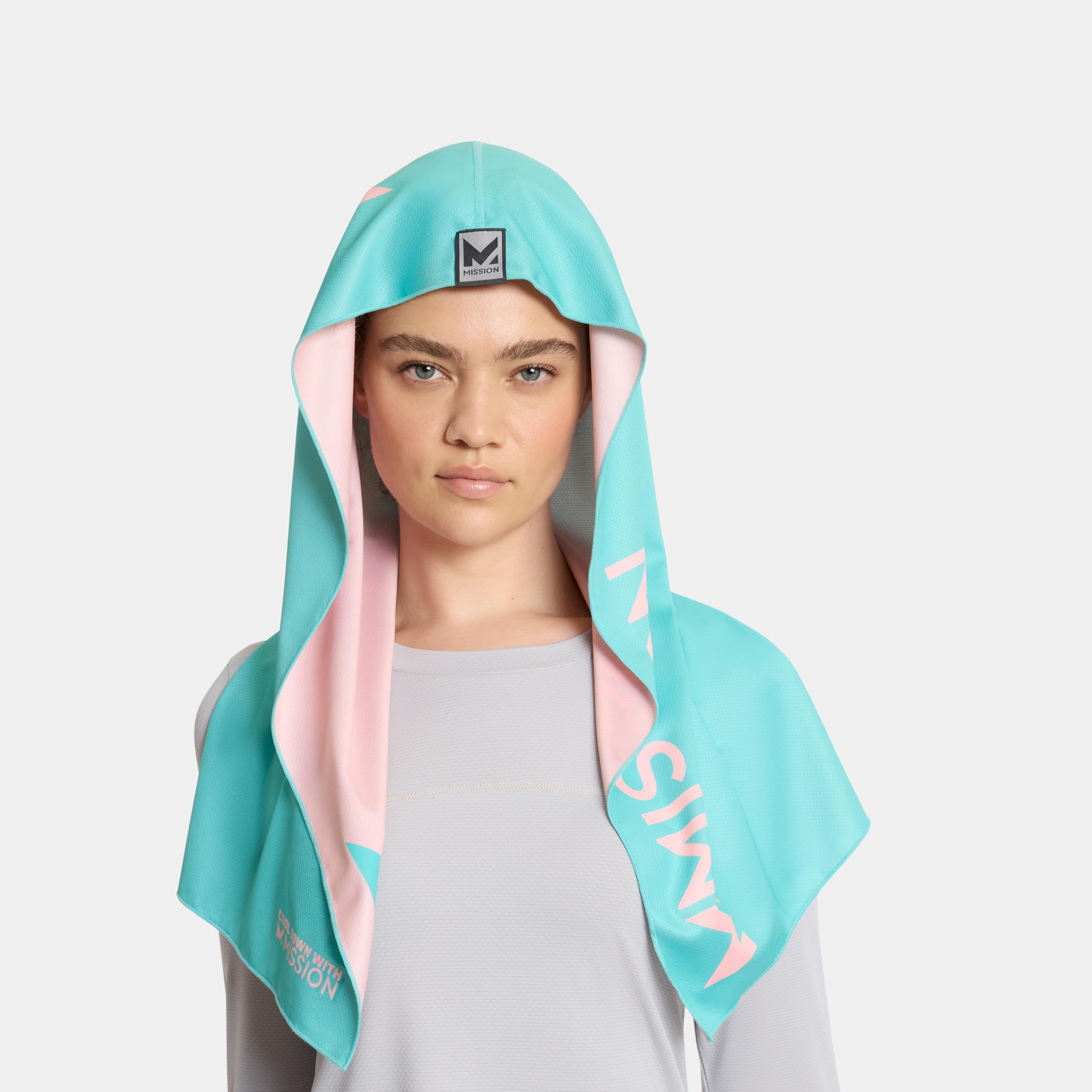 MISSION Reversible Cooling Hoodie Towel- Hood Towel, Cools Instantly When Wet, UPF 50 Sun Protection, Contours Your Head to Stay in Place, Great for Sports, Fitness, Gym (Pink Mint)