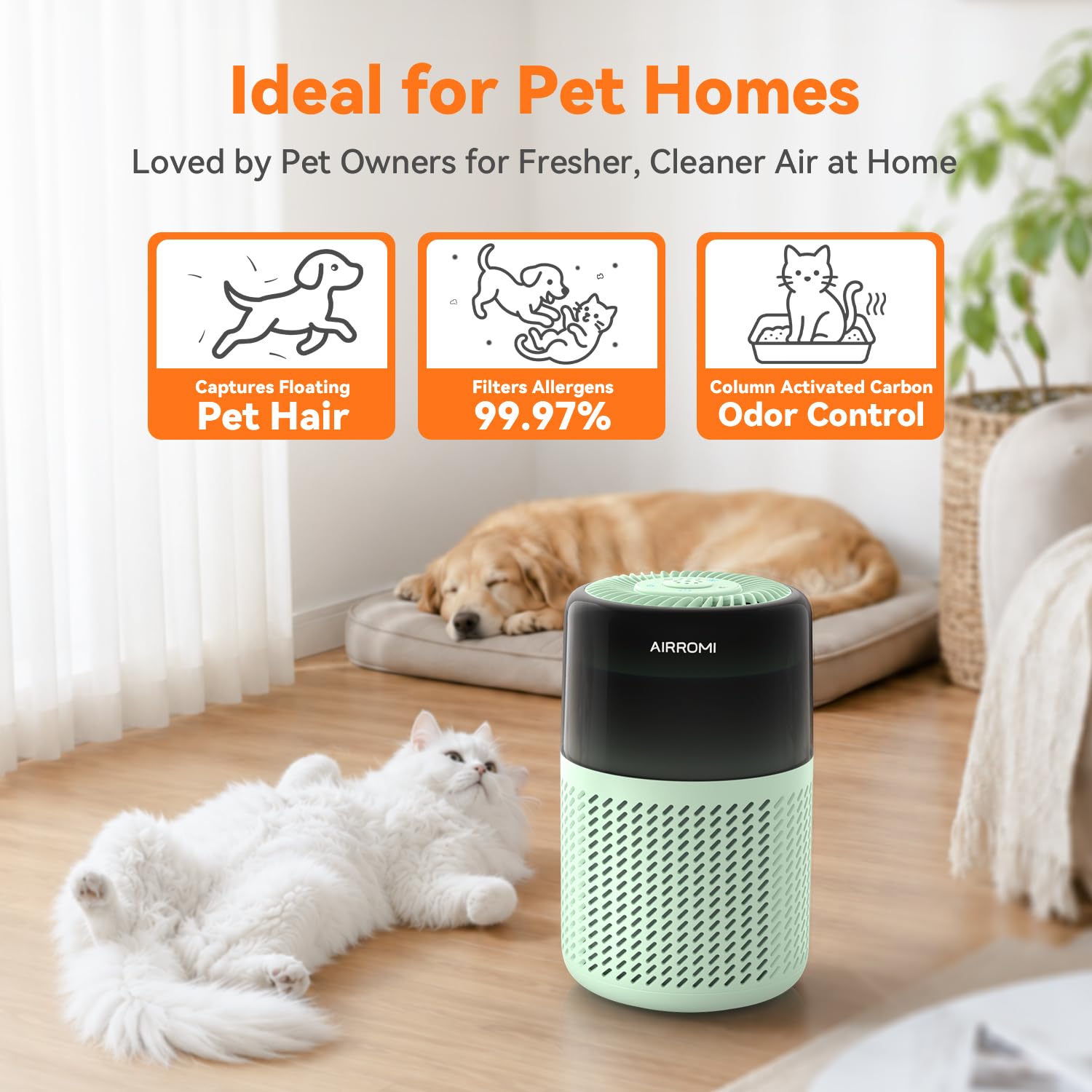 AIRROMI HEPA Air Purifier for Bedroom&Home,Pet Air Purifier for Home Pets,Removes Pet Odor,Cat Litter Smell,Dust,Smoke&Allergies,Quiet Room Air Purifier with Scents,360°Air Cleaner,A2005 Black