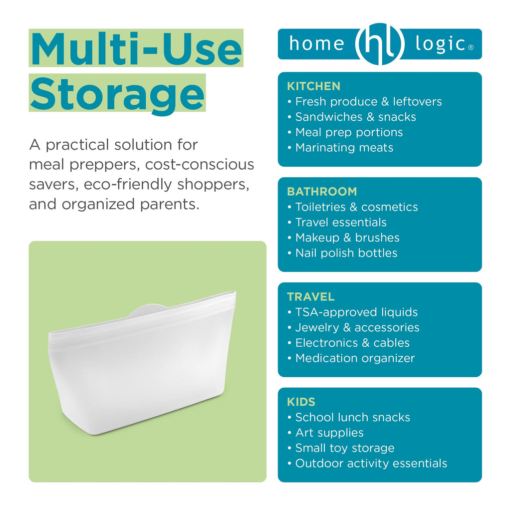 Home Logic Reusable Snack Bags - Set of 6 Clear Silicone Freezer Bags, Airtight Leak Resistant Reusable Zip Bags for Kitchen Home Food Prep, Microwave & Sous Vide Safe