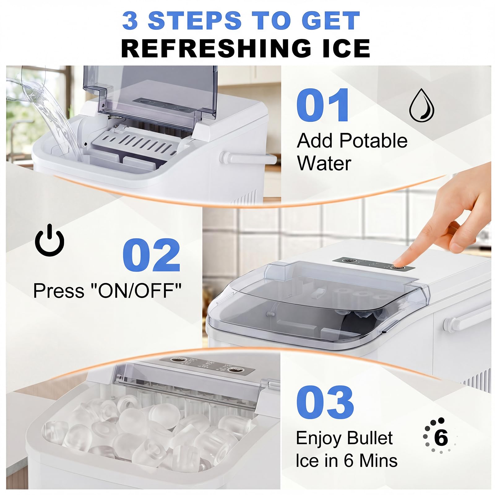 NEWBULIG Ice Makers Countertop with Handle, Portable Ice Machine, 9 Bullet Ice Cubes in 6 Mins, 26lbs in 24Hrs, Auto-Cleaning, with Basket and Scoop, for Home, Kitchen, RV, Camping,Black