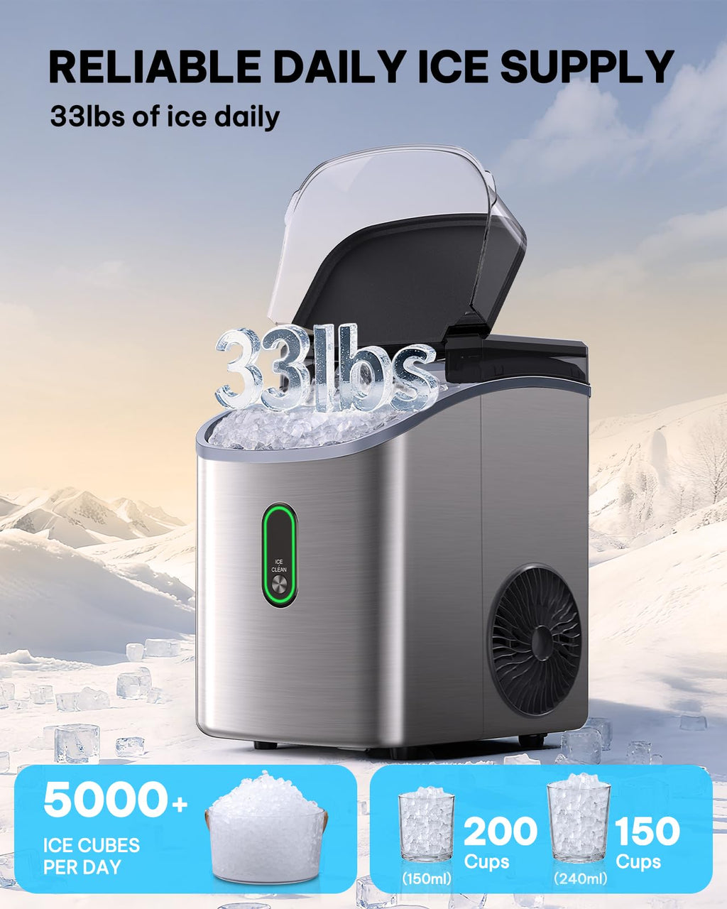 Silonn Ice Maker Countertop, Portable Ice Machine with Carry Handle, Self-Cleaning Ice Makers with Basket and Scoop, 9 Cubes in 6 Mins, 26 lbs per Day, Ideal for Home, Kitchen, Camping, RV