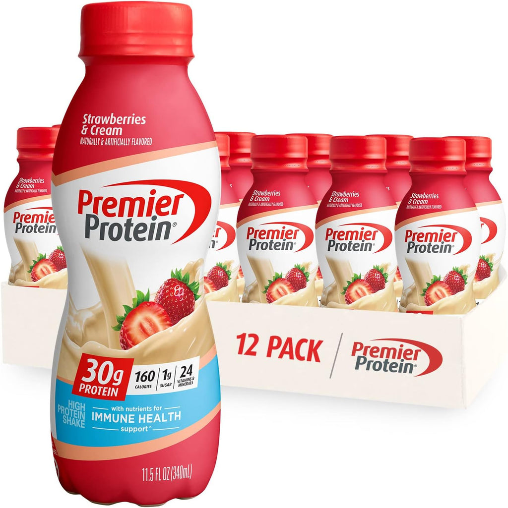 Premier Protein Shake, Vanilla & Strawberries, 30g Protein, 1g Sugar, 24 Vitamins & Minerals, 12 Pack Bundle