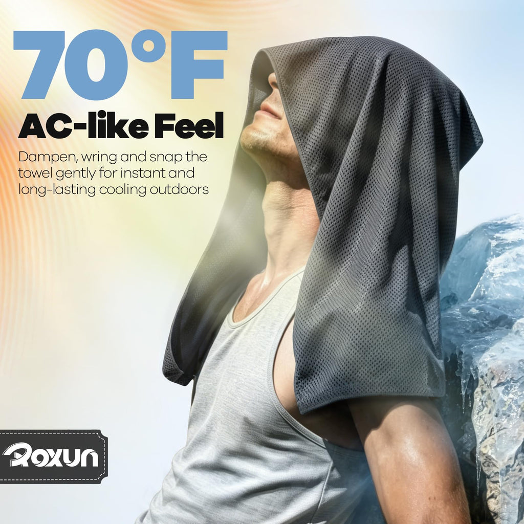 ROXUN Cooling Towels, 4 Pack (40''x12'') Chilly Ice Rags for Neck and Face | Gray+Blue+Green+Black, Soft Breathable, Sports and Outdoor Workouts, Comes with Storage Bags & Carabiners