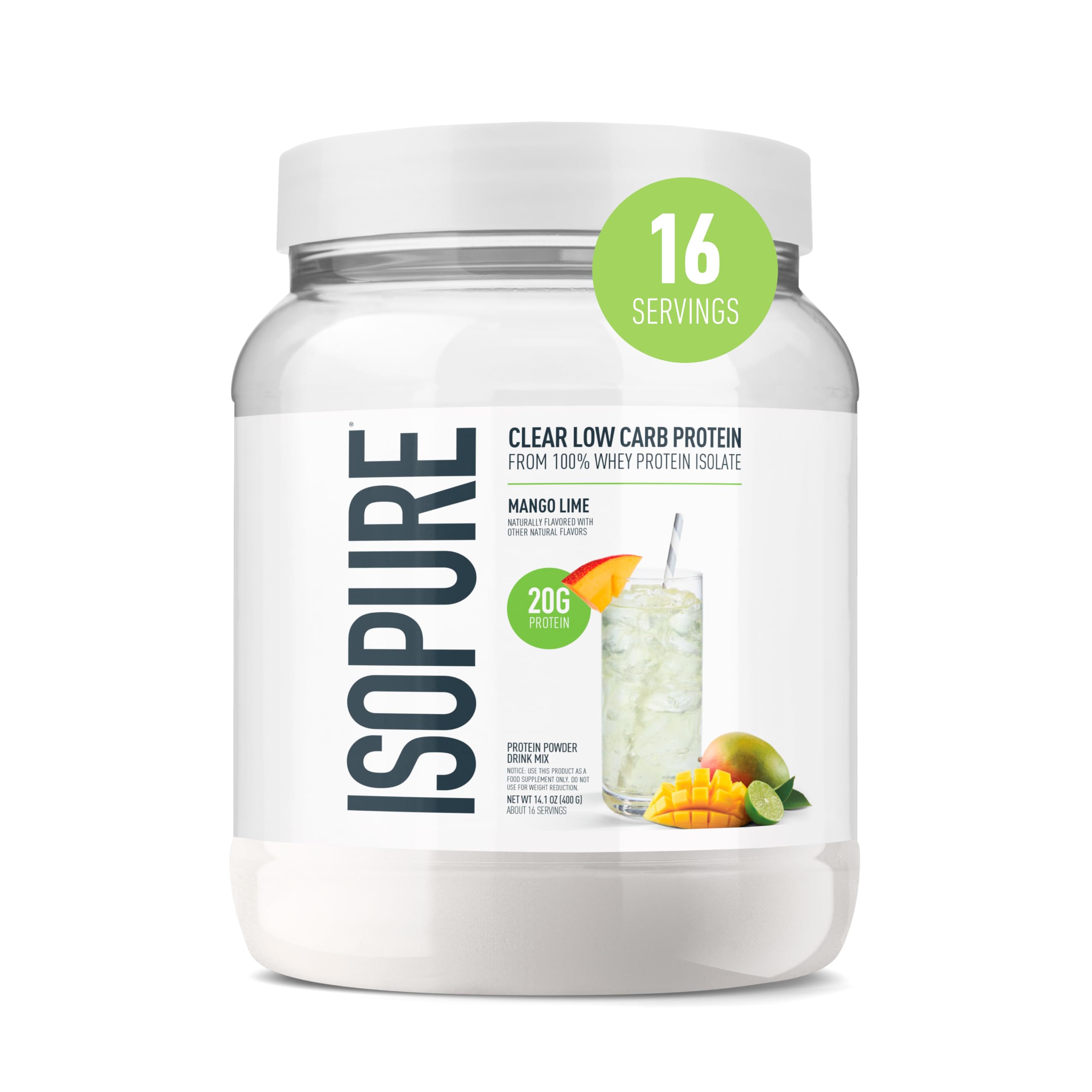 Isopure Clear Whey Isolate Protein Powder, Lactose Free, Gluten Free, Naturally Flavored, Watermelon Lime, 20g Protein Per Serving, 14.1 Oz, 16 Servings (Packaging May Vary)