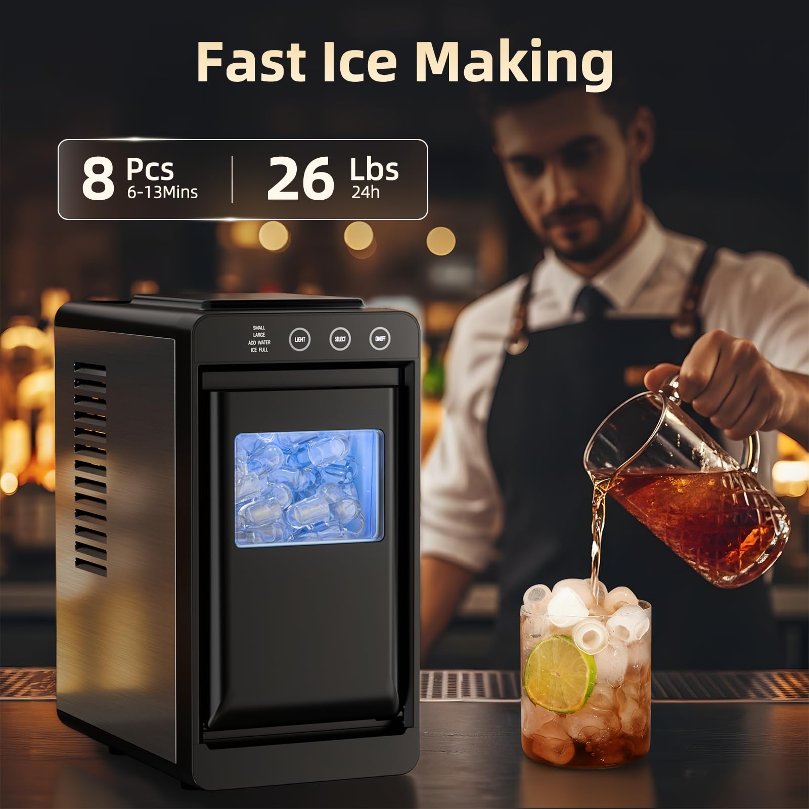 Antarctic Star Ice Maker, Portable Ice Machine with Self-Cleaning Function, 8 Cubes in 6 Mins Fast Countertop Ice Making, Compact Ice Cube Maker for Home, Kitchen, RV, Travel, Stainless Steel