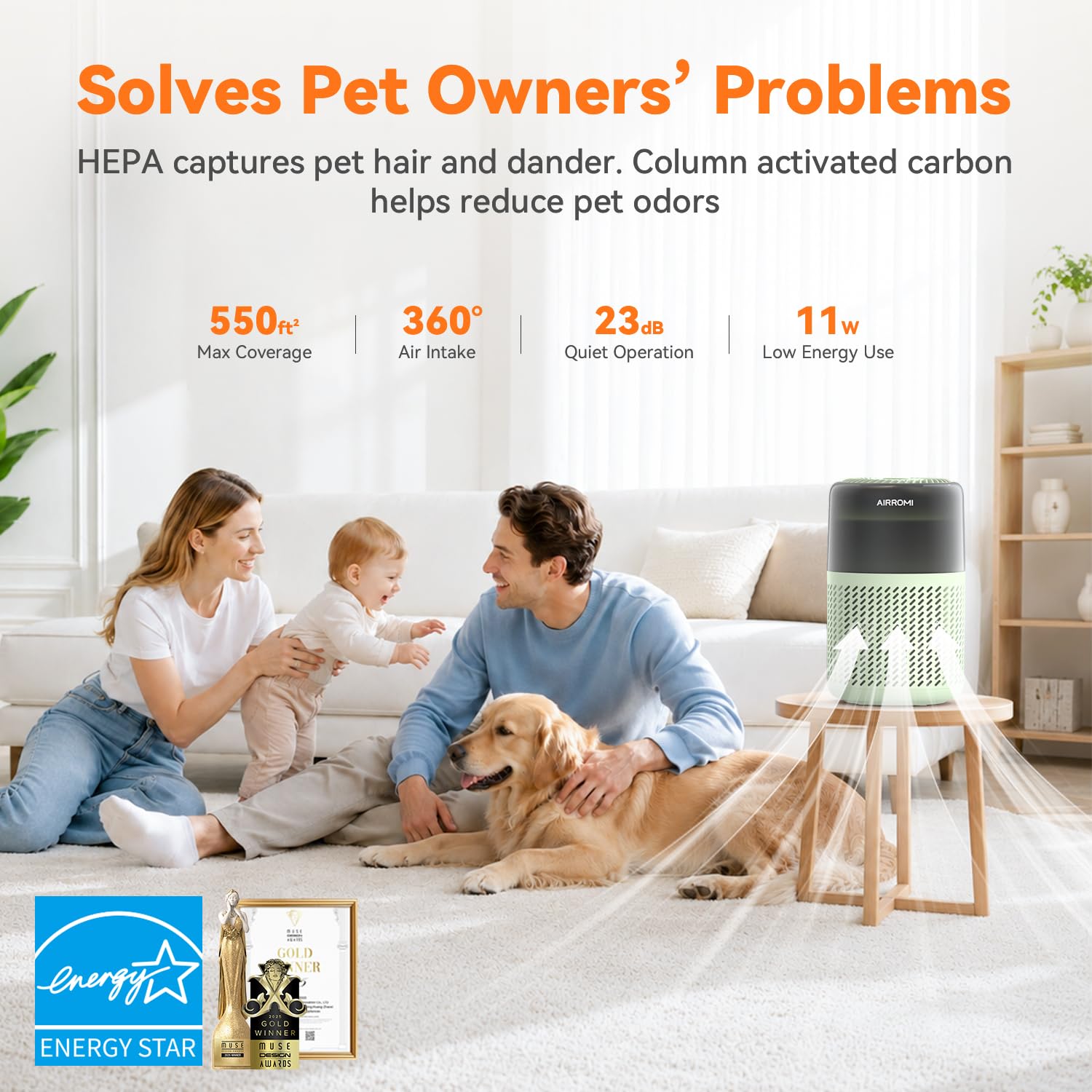 AIRROMI HEPA Air Purifier for Bedroom&Home,Pet Air Purifier for Home Pets,Removes Pet Odor,Cat Litter Smell,Dust,Smoke&Allergies,Quiet Room Air Purifier with Scents,360°Air Cleaner,A2005 Black