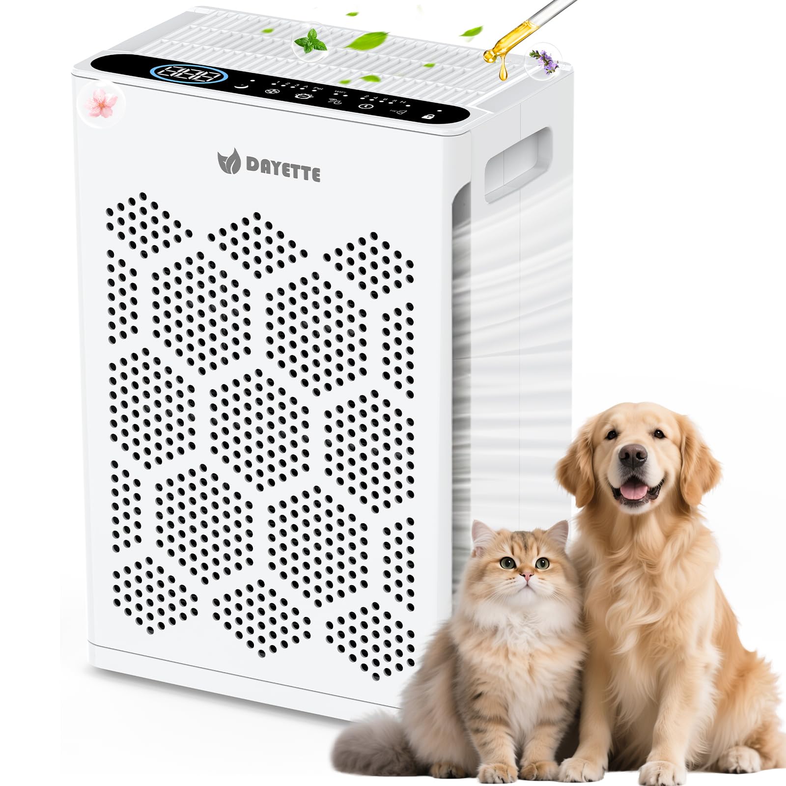 DAYETTE Air Purifiers for Home Large Room Up to 1800 Ft² with HEPA 14 Filter, Pet Air Purifier with Washable Prefilter for Bedroom with Fragrance, Air Cleaner for Smoke Dust Pets Hair Odor, White