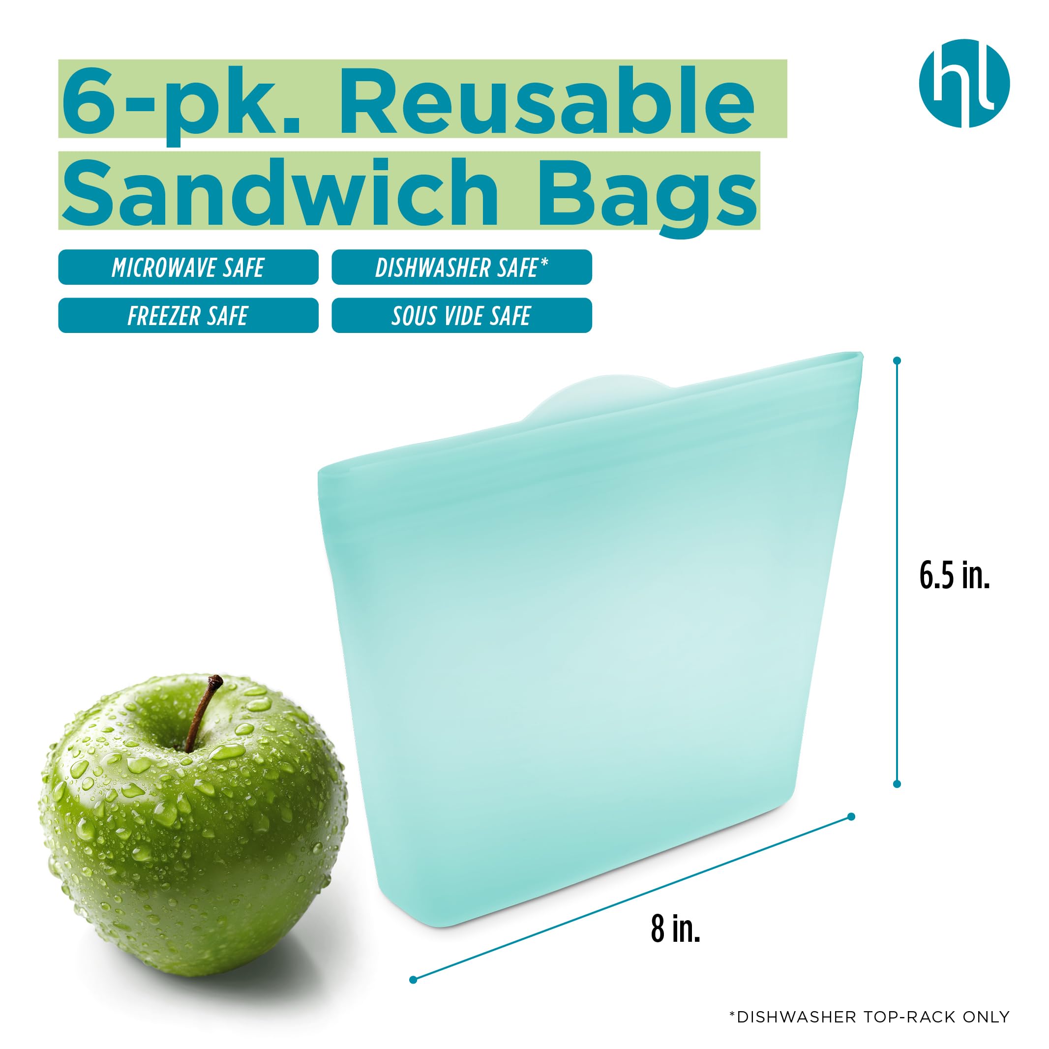 Home Logic Reusable Snack Bags - Set of 6 Clear Silicone Freezer Bags, Airtight Leak Resistant Reusable Zip Bags for Kitchen Home Food Prep, Microwave & Sous Vide Safe