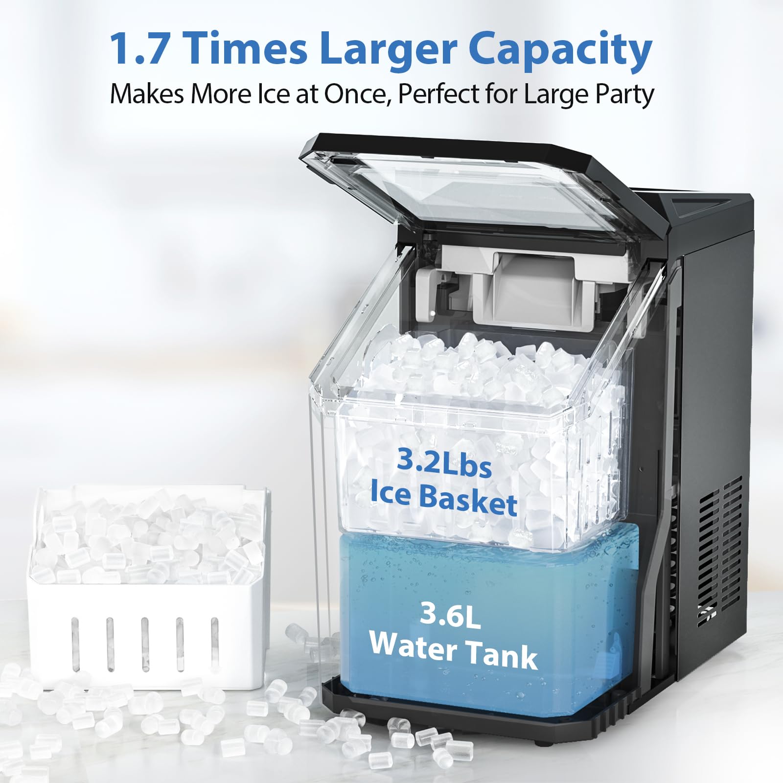 Aeitto Nugget Ice Maker Countertop, 55lbs/Day, Large Capacity Chewable Ice Maker, Rapid Ice Release in 5 Mins, Self-Cleaning with Stainless Steel Housing Ice Machine for Home Office and Party, Silver