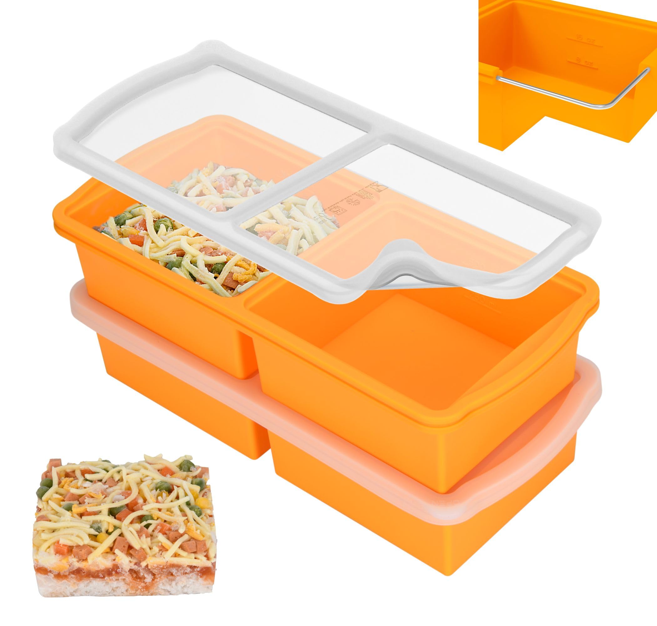 ZIP STANDING Silicone Freezer Trays with Lid,1-cup Soup Freezer Container large Ice Cube Molds with Reinforced Steel Ring Top for freezing Soup Sauce Broth Leftovers oven Dishwasher -Safe(2-Pack)
