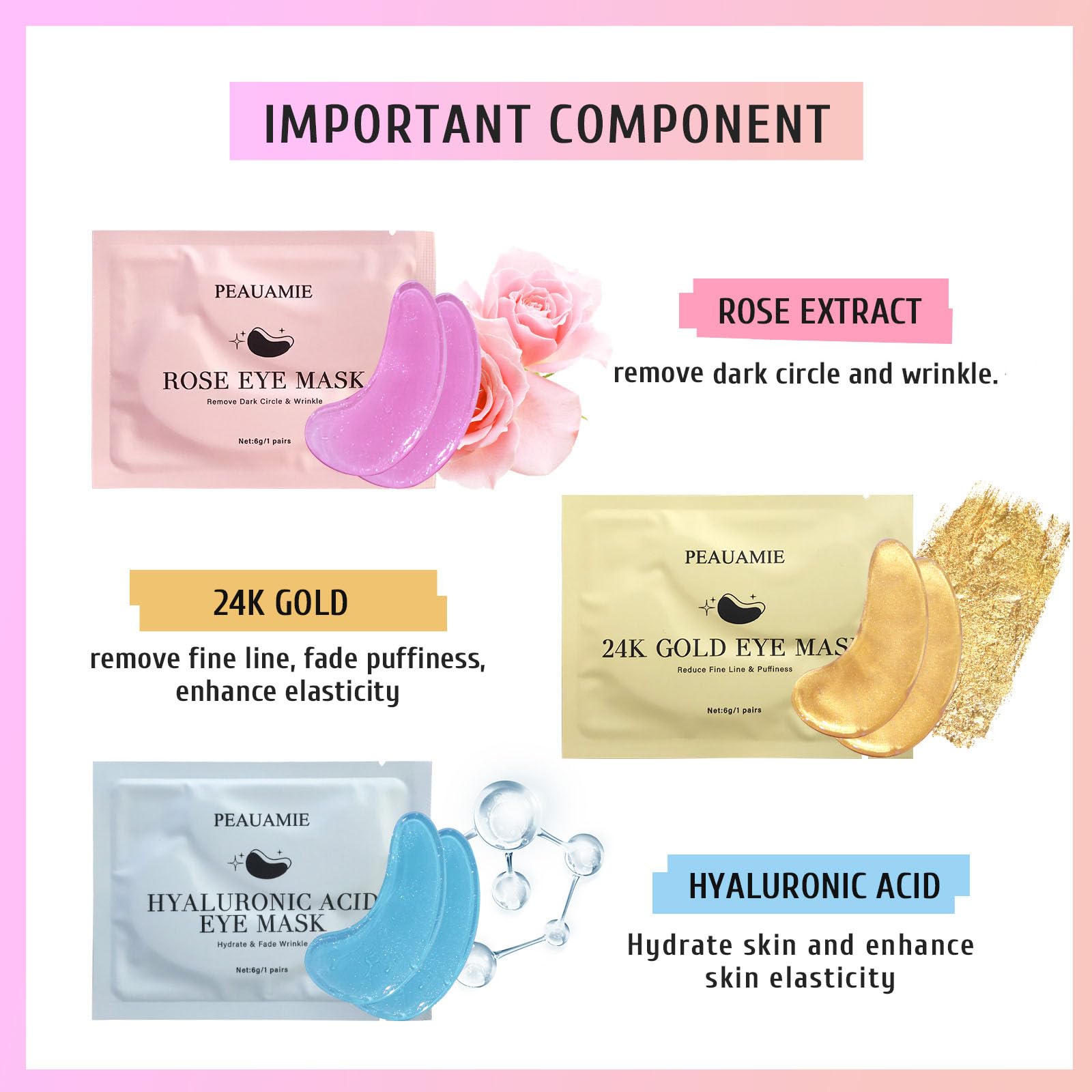 PEAUAMIE Under Eye Patches Collagen and Peptide Eye Mask for Dark Circles and Puffiness,Face Mask Skin Care Products 30 Pairs