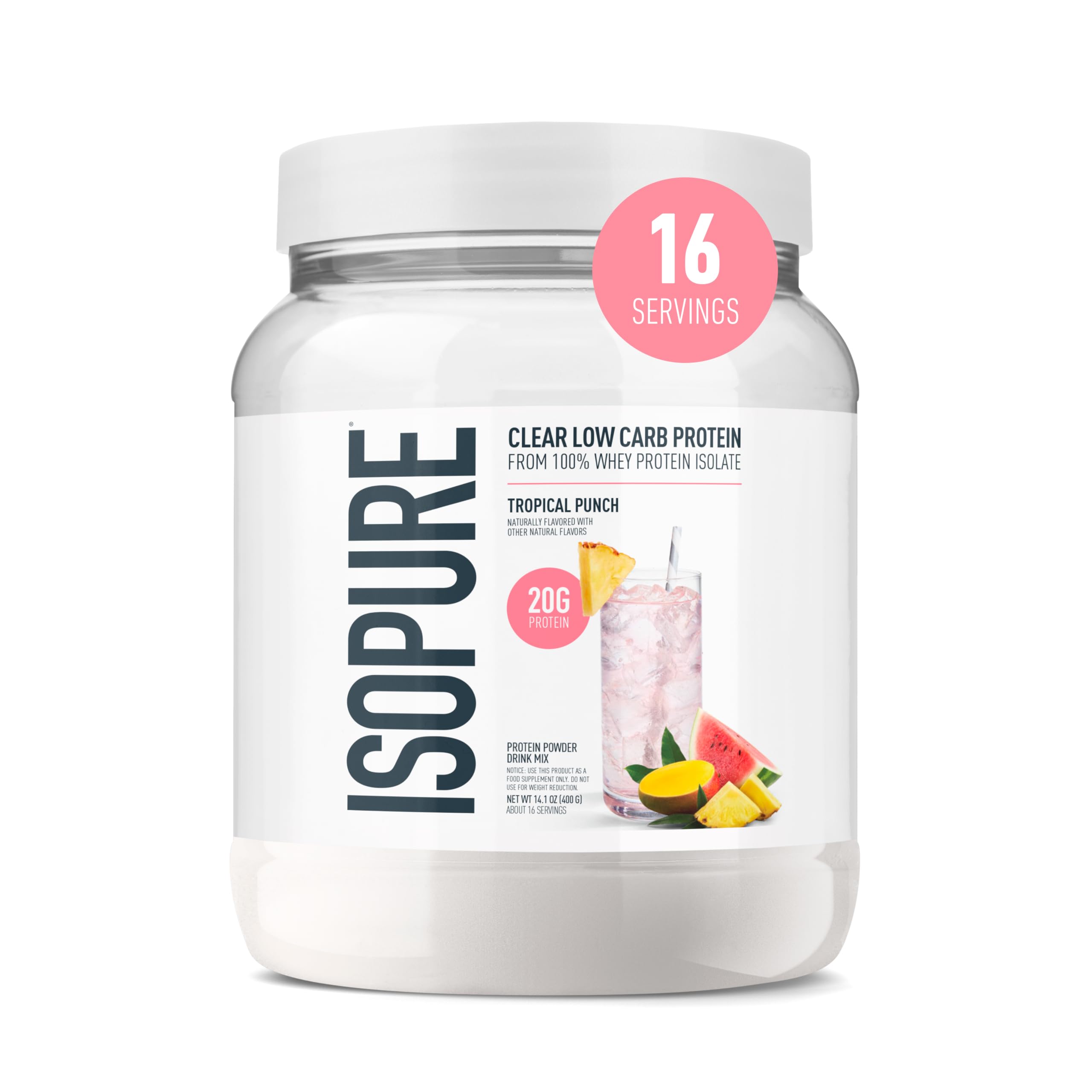 Isopure Clear Whey Isolate Protein Powder, Lactose Free, Gluten Free, Naturally Flavored, Watermelon Lime, 20g Protein Per Serving, 14.1 Oz, 16 Servings (Packaging May Vary)