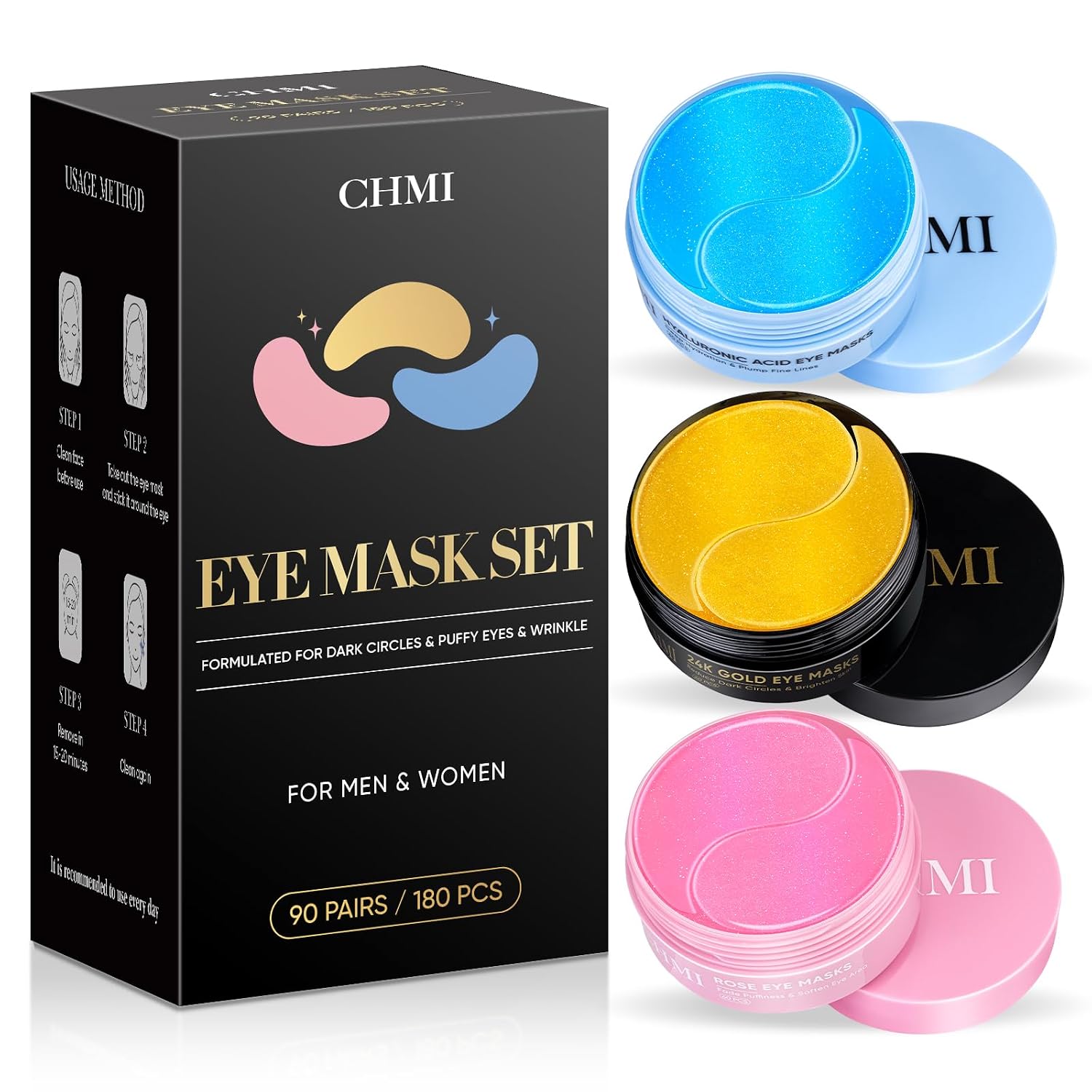 CHMI 180 Pcs (90 Pairs) Under Eye Patches, 3-Pack Eye Mask Set (24K Gold, Hyaluronic Acid, Rose) for Dark Circles and Puffy Eyes, Hydrating Gel Pads for Undereye Bags, Skin Care.