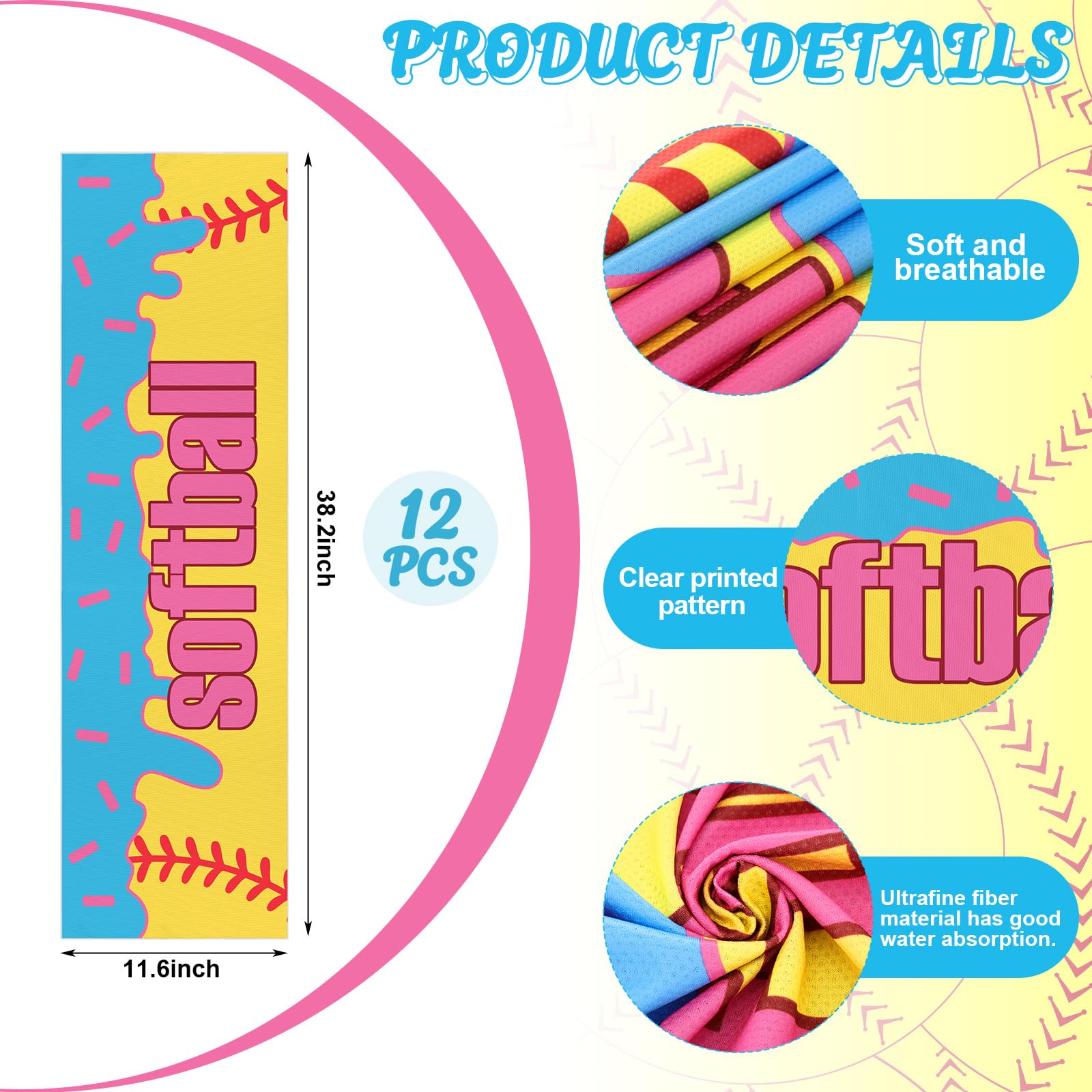 Tegeme 12 Counts Baseball Ice Cream Cooling Towels 40"x12" Sports Breathable Chilly Ice Fast Drying Towel Cool Training Sweat Rag for Coach Sport Party Favors Team Gift