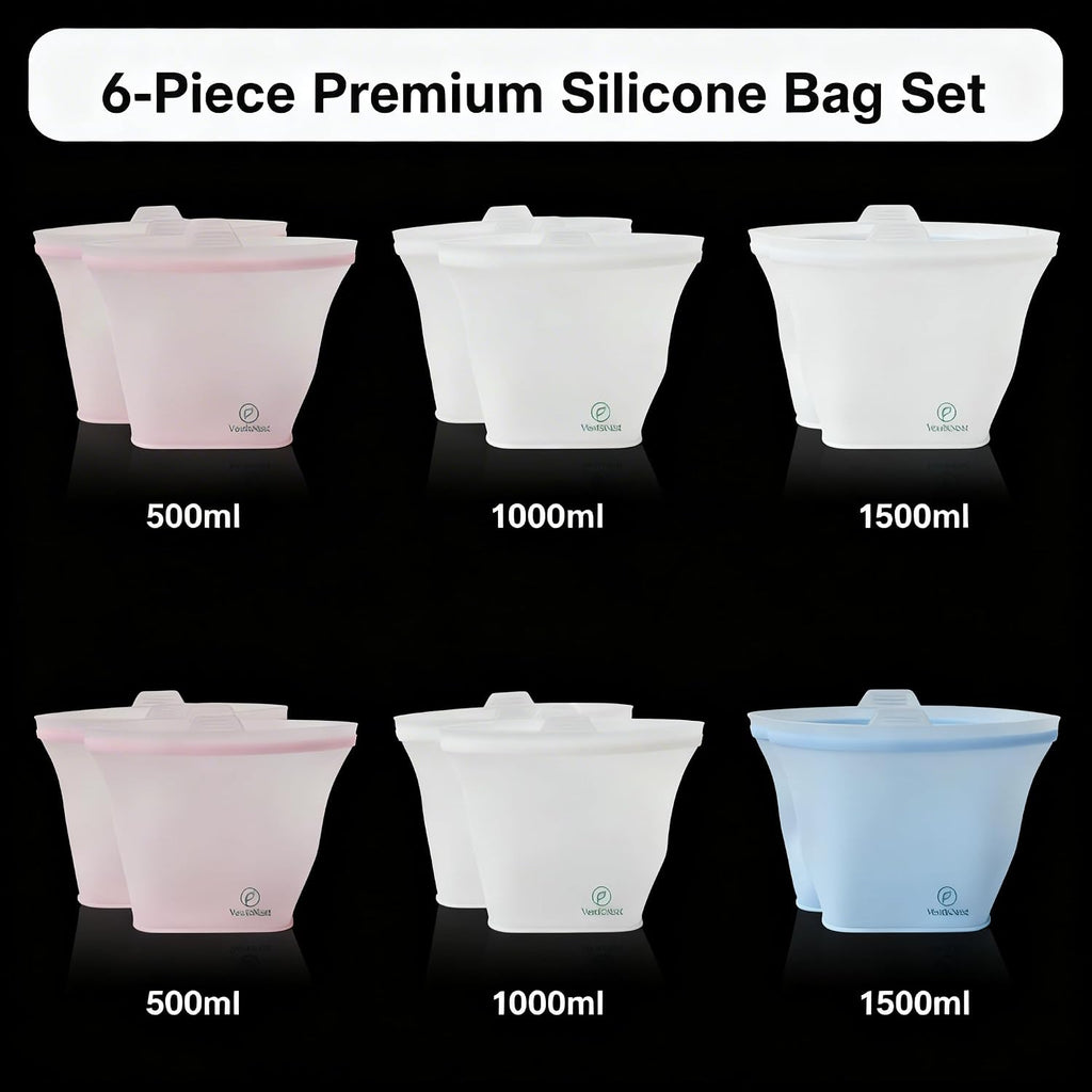 Reusable Silicone Food Storage Bags – 6 Pack Stand-Up Leakproof BPA-Free Silicone Bags for Meal Prep, Sandwich, Snacks & Freezer Storage (500ml, 1000ml, 1500ml)