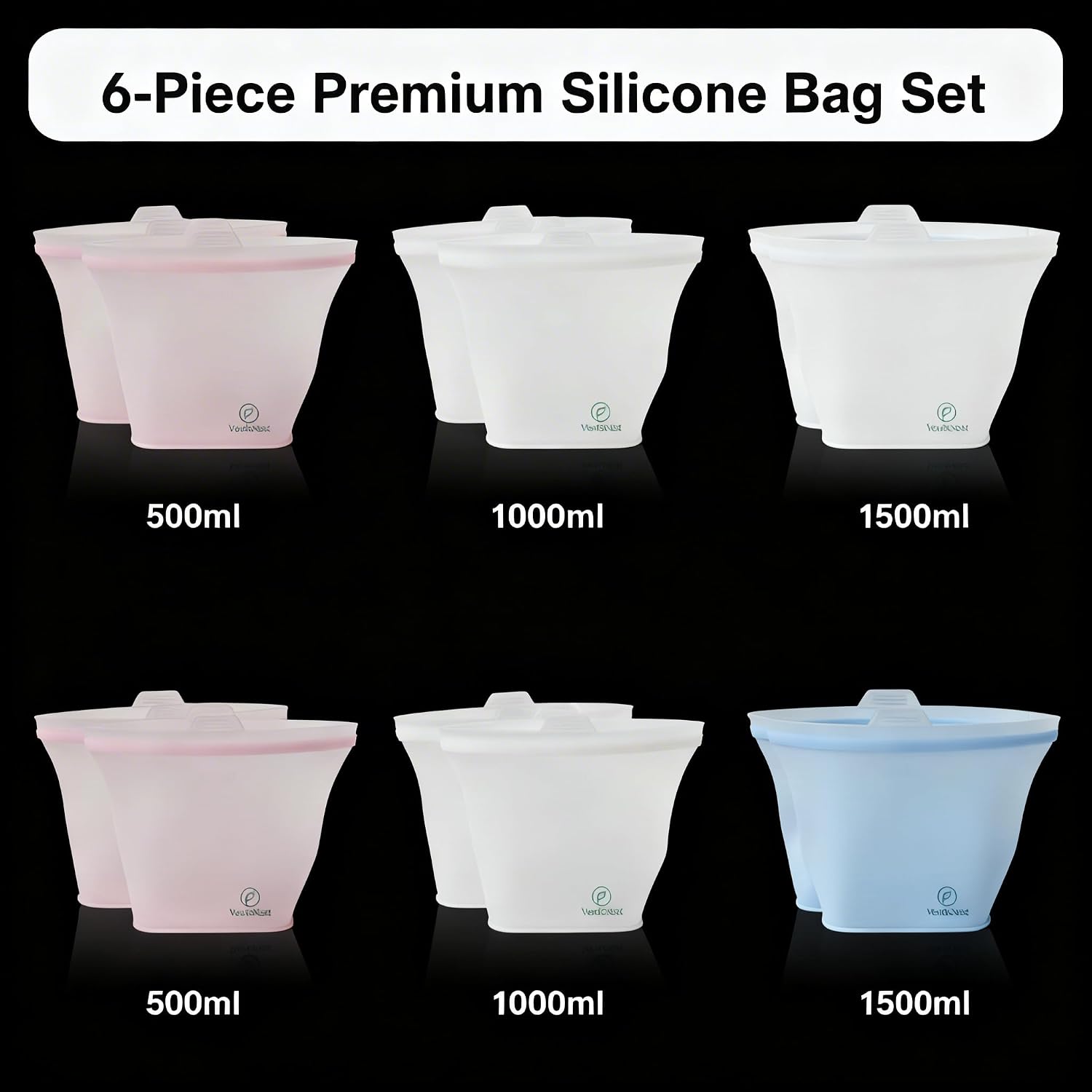 Reusable Silicone Food Storage Bags – 6 Pack Stand-Up Leakproof BPA-Free Silicone Bags for Meal Prep, Sandwich, Snacks & Freezer Storage (500ml, 1000ml, 1500ml)