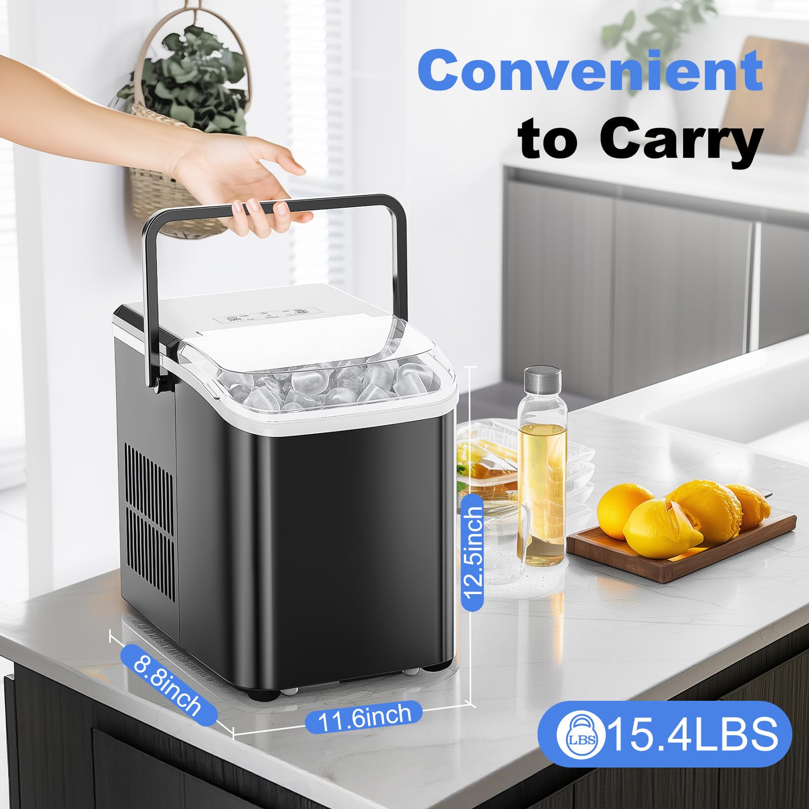NEWBULIG Ice Makers Countertop with Handle, Portable Ice Machine, 9 Bullet Ice Cubes in 6 Mins, 26lbs in 24Hrs, Auto-Cleaning, with Basket and Scoop, for Home, Kitchen, RV, Camping,Black