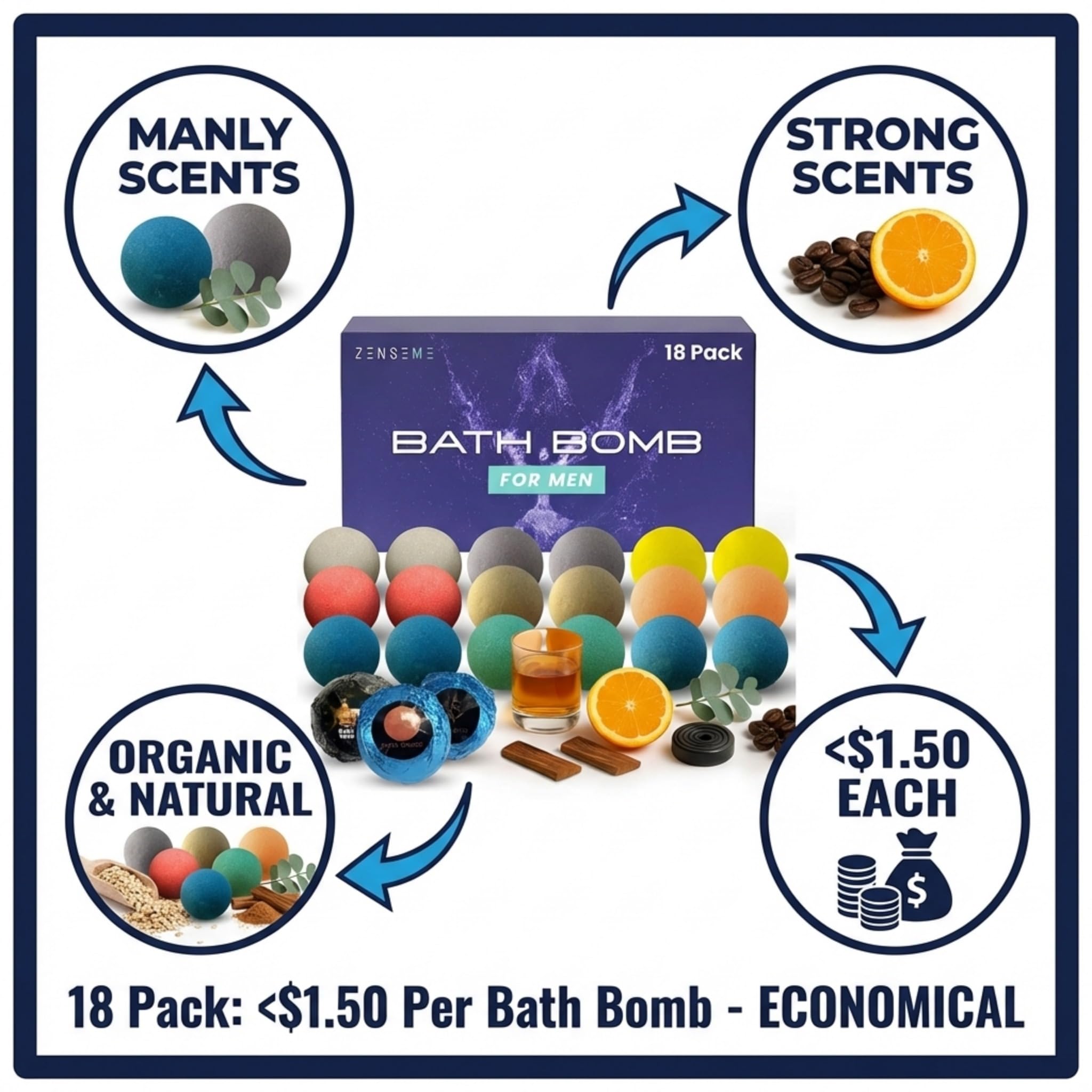 Bath Bombs for Men, Gift Set of 8 Scented Organic Handmade Bath Bombs of 2.5 oz with Natural Essential Oils for Boyfriend, Husband, Father or Friend, by ZenseMe