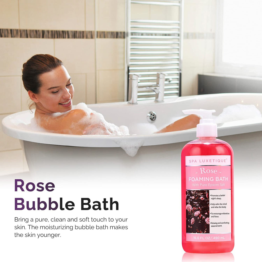 Spa Luxetique Bubble Bath, Foaming Bath with Epsom Salt, Chamomile Rose and Lavender Scent Bathing Set, 3 Pack 49.8 fl oz Mothers Day Gifts Set for Women and Men