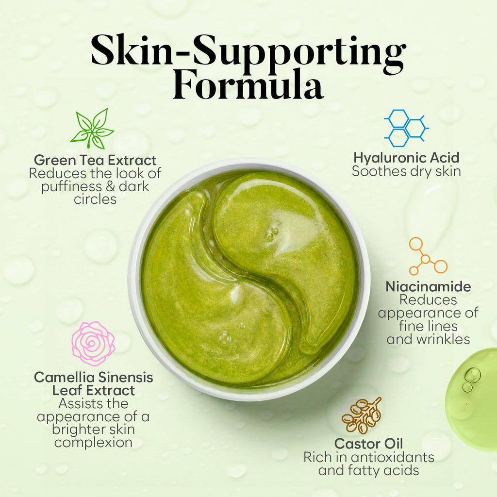 BLOOMORA Green Tea Under Eye Patches (30 Pairs), Cooling Eye Mask for Puffy Eyes & Dark Circles, Soothing & Hydrating Gel Pads, Revitalizing Under Eye Care & Skincare Gifts for Women