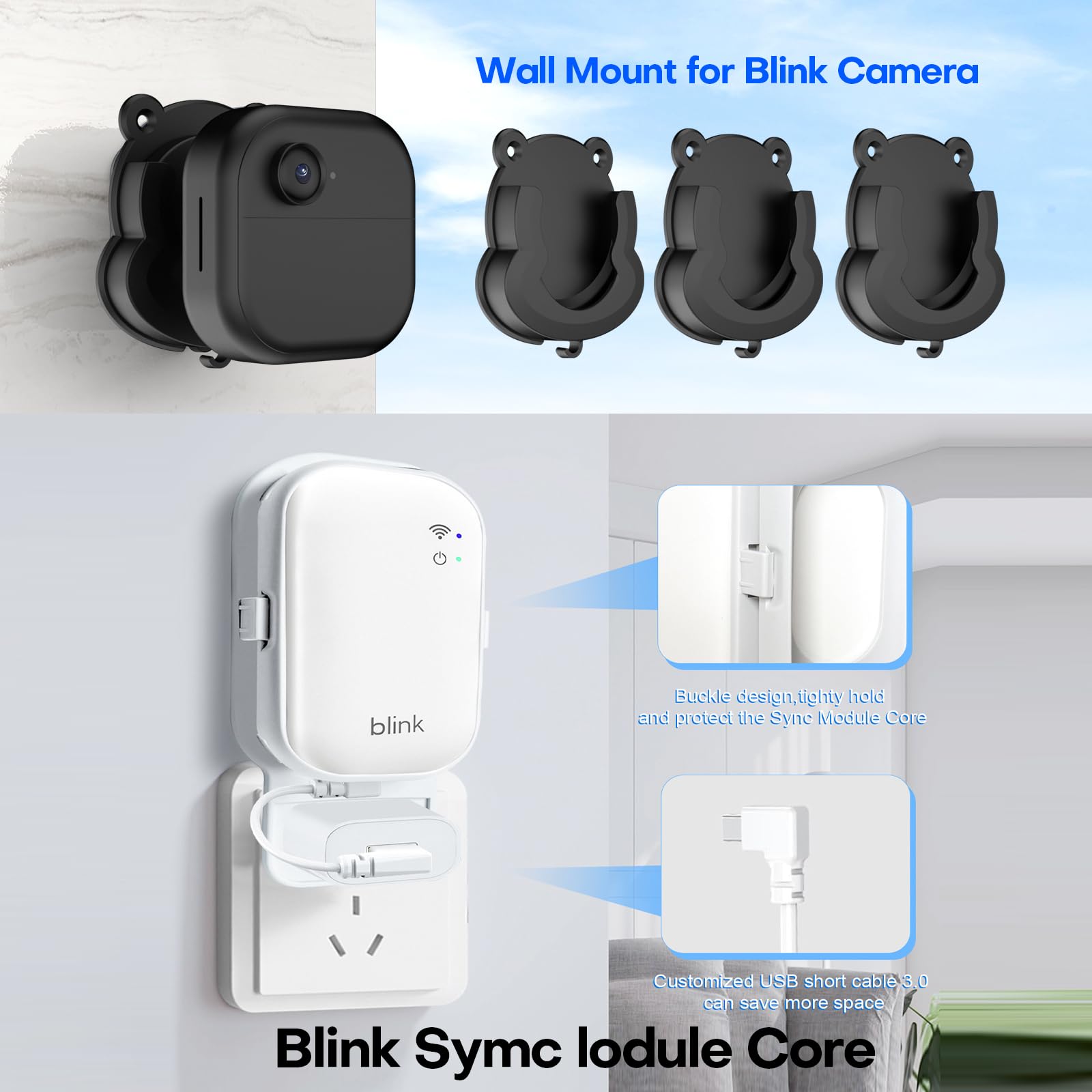 3 Pack Blink Camera Wall Mount Bracket – Adhesive or Drill Installation for Blink Mini 2K+/Mini 2/Outdoor 4/Outdoor 2K+/Indoor Cameras with Sync Module Core Outlet Mount