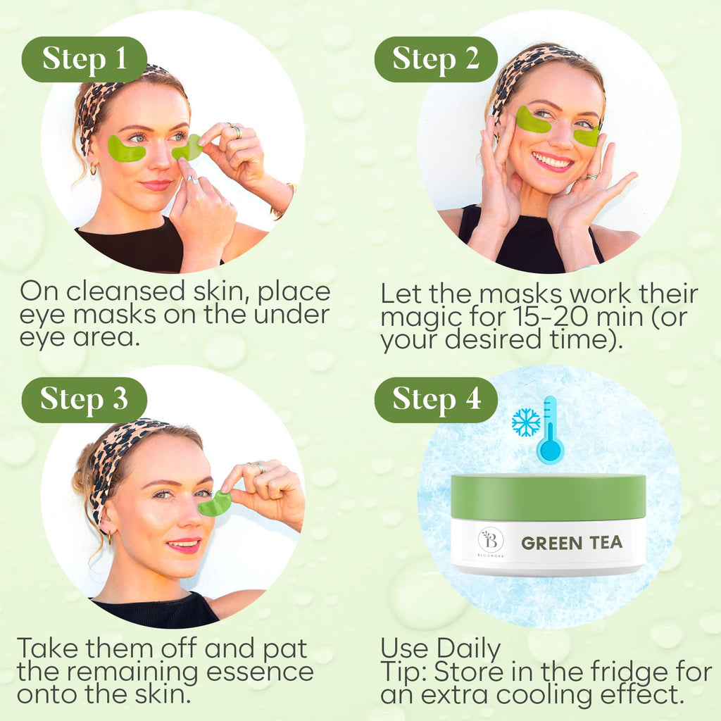 BLOOMORA Green Tea Under Eye Patches (30 Pairs), Cooling Eye Mask for Puffy Eyes & Dark Circles, Soothing & Hydrating Gel Pads, Revitalizing Under Eye Care & Skincare Gifts for Women