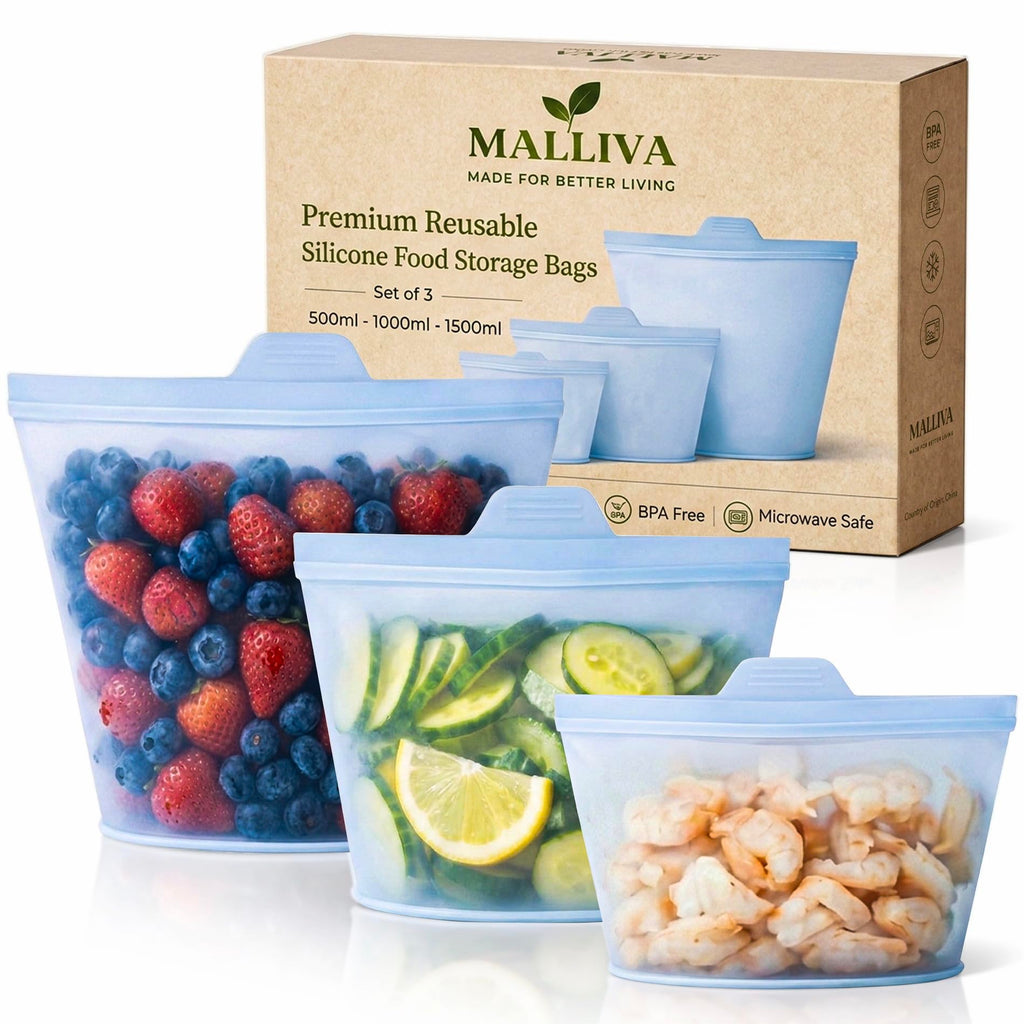Reusable Silicone Food Storage Bags, 3 Pack (17oz, 34oz & 51oz), Stand Up Ziplock Bags for Meal Prep, Snacks & Sandwiches, Travel, BPA Free, Freezer, Microwave & Dishwasher Safe