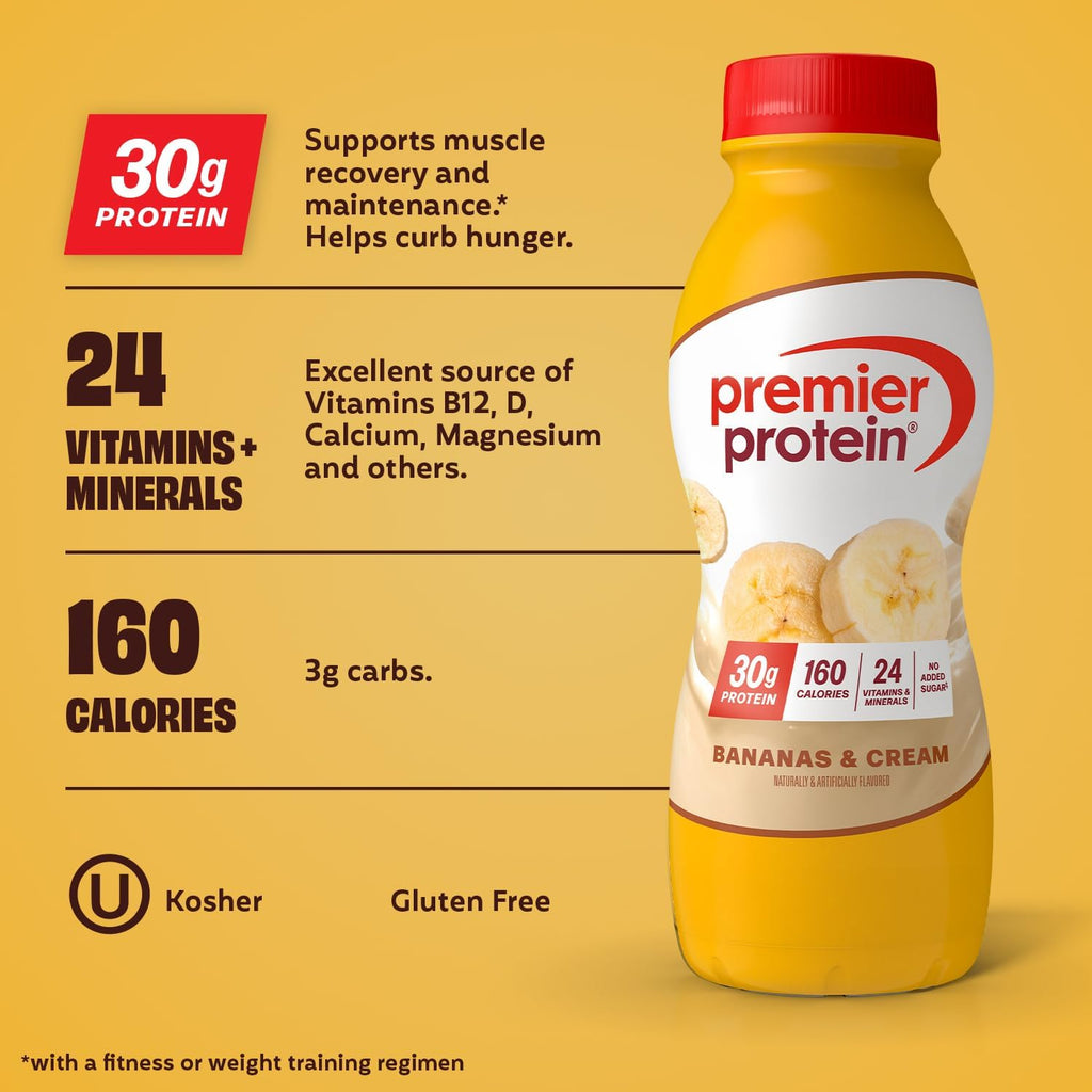 BUNDLE: Premier Protein Shake, Chocolate Peanut Butter (12 Pack) + Bananas & Cream (12 Pack), 30g Protein, 11.5 Fl Oz (24 Shakes Total)