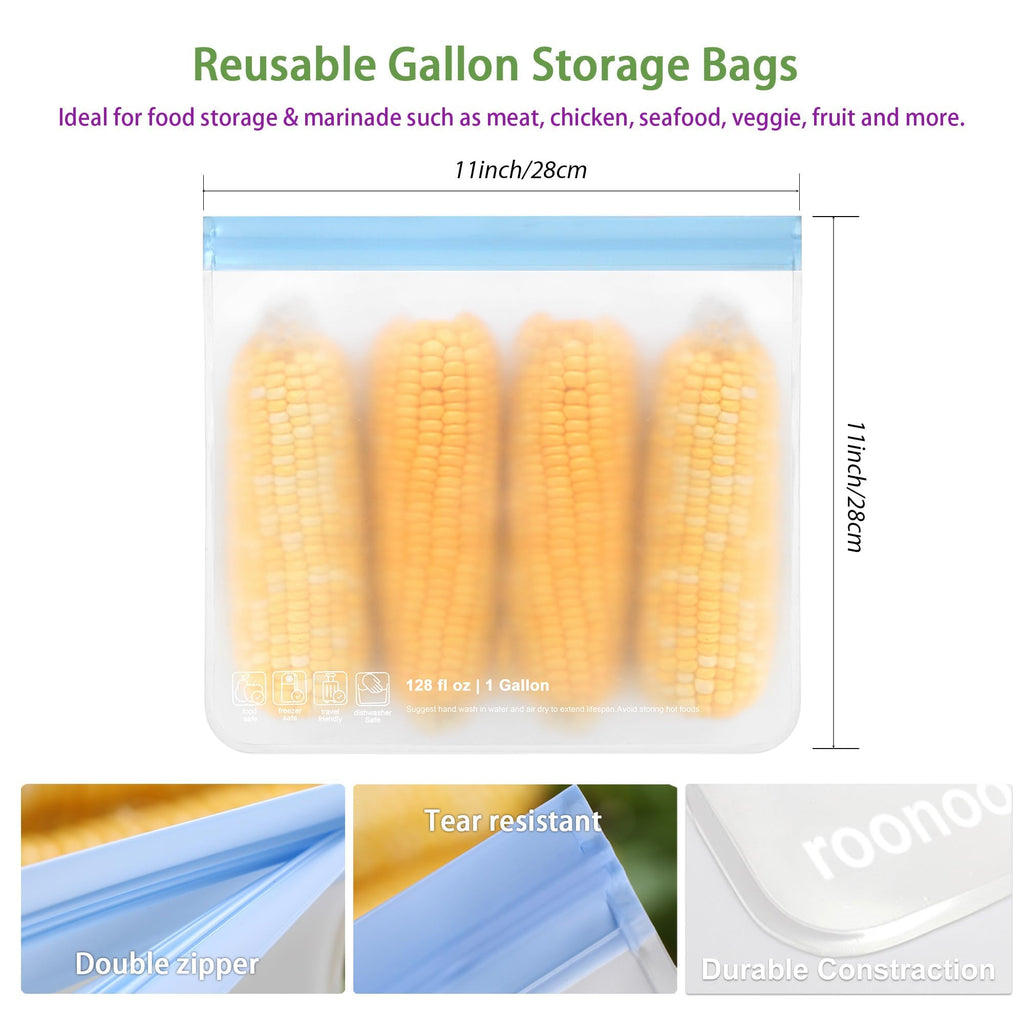 6 Pack Dishwasher Safe Reusable Gallon Freezer Bags Food Storage Bags, Extra Thick Leakproof Silicone & Plastic Free Ziplock Bags for Meal Prep, Fruits, Sandwich, Snack, Travel Items