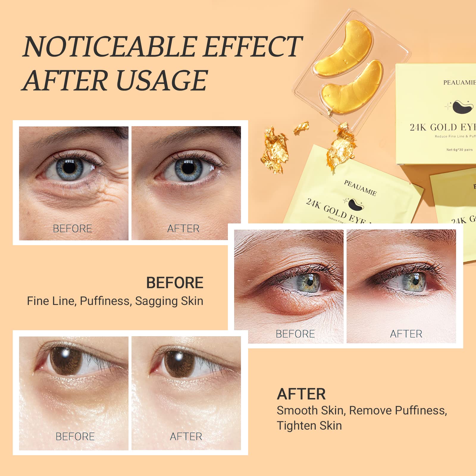 PEAUAMIE Under Eye Patches Collagen and Peptide Eye Mask for Dark Circles and Puffiness,Face Mask Skin Care Products 30 Pairs
