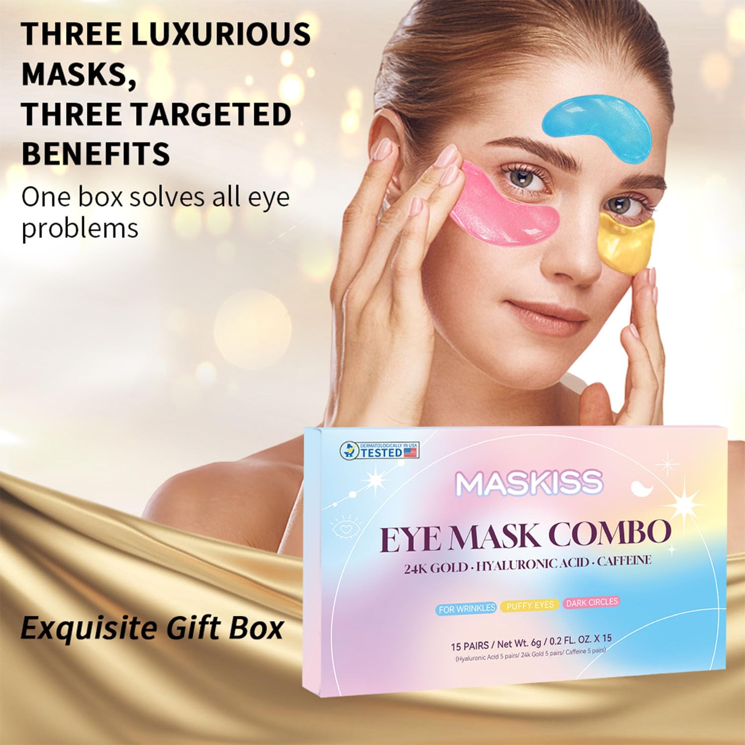 Maskiss PDRN Under Eye Patches (25 Pairs), Tri-Color Eye Gel Pads with Retinol Caffeine, Eye Masks for Dark Circles Puffy Eyes Wrinkles, Collagen Self Care Gifts for Women