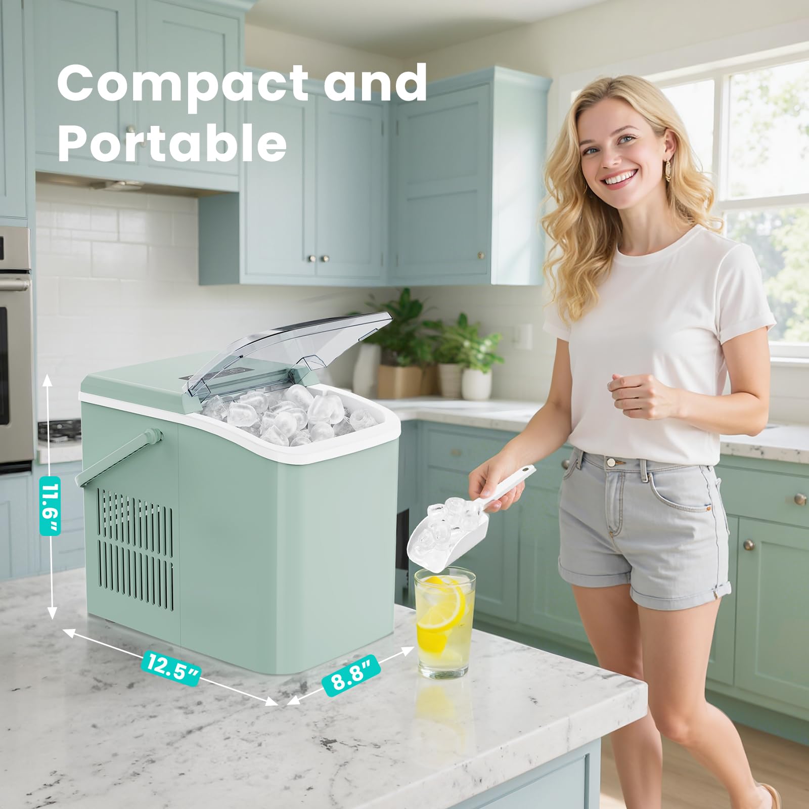 OLIXIS Countertop Ice Maker Machine with Handle, Auto-Cleaning Portable Ice Maker with Basket & Scoop, 26lbs in 24Hrs & 9 Cubes in 6 Mins, 2 Cube Sizes, for Home Party Camping RV, Black