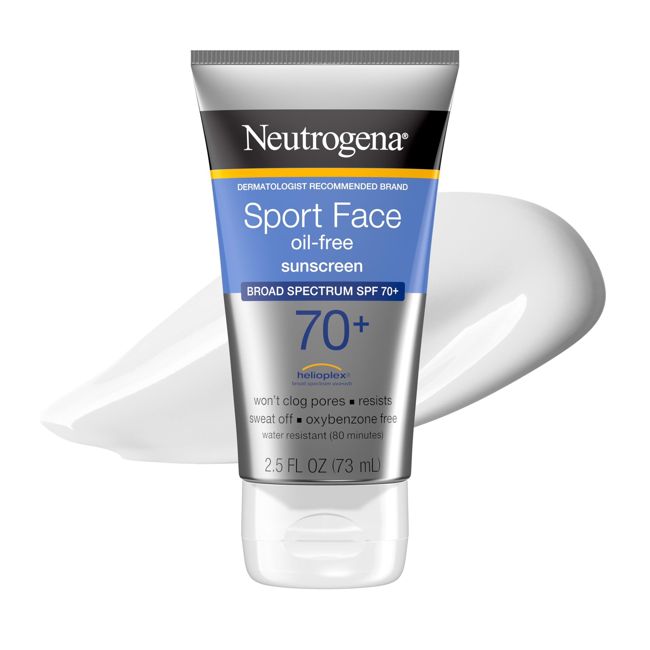 Neutrogena, Sport Face Sunscreen SPF 70+, Oil-Free, Sweat and Water-Resistant, Broad-Spectrum UVA/UVB, 2.5 Fl Oz
