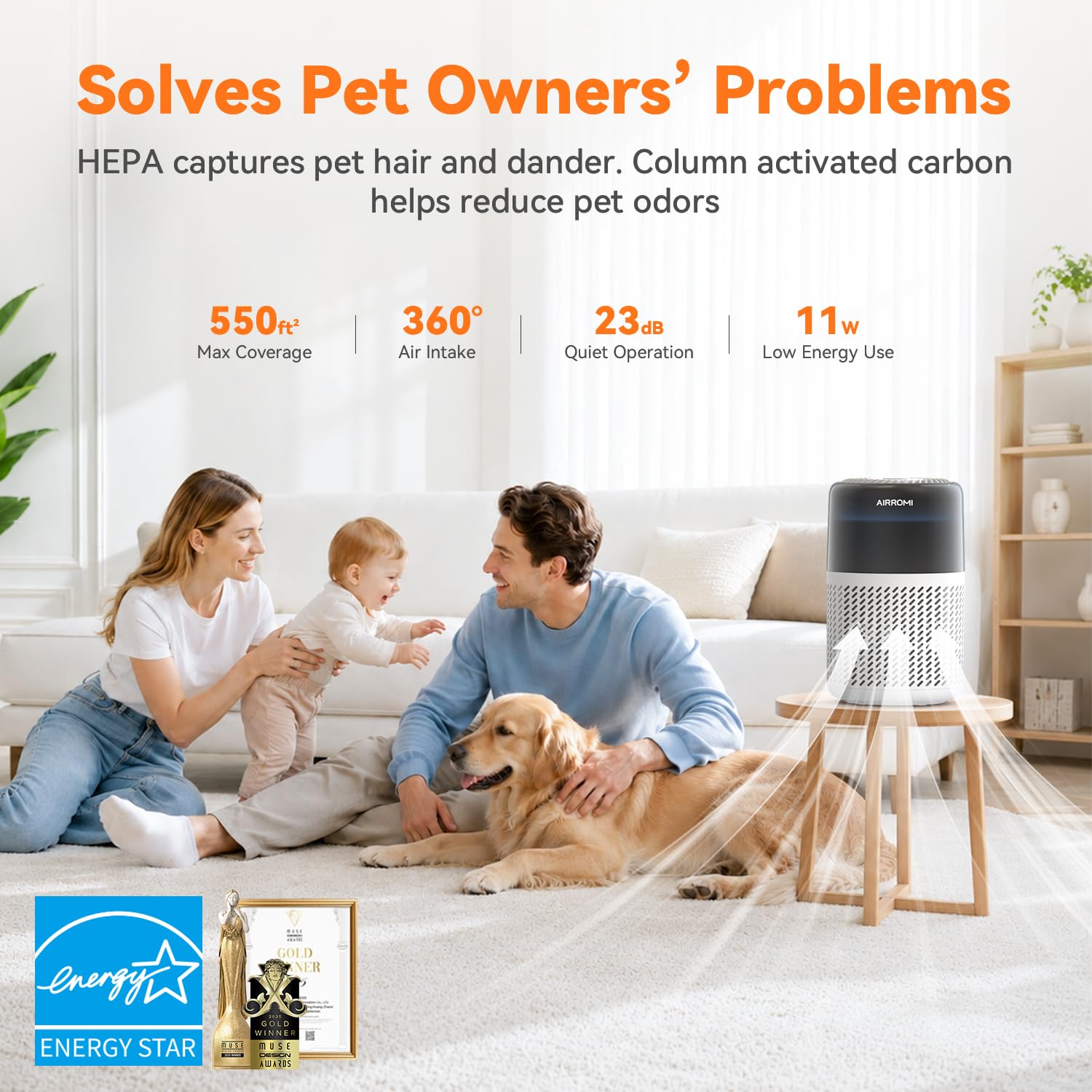 AIRROMI HEPA Air Purifier for Bedroom&Home,Pet Air Purifier for Home Pets,Removes Pet Odor,Cat Litter Smell,Dust,Smoke&Allergies,Quiet Room Air Purifier with Scents,360°Air Cleaner,A2005 Black