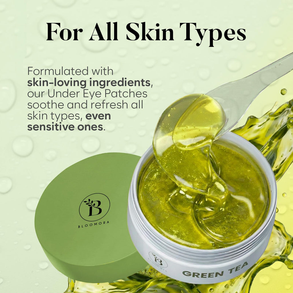 BLOOMORA Green Tea Under Eye Patches (30 Pairs), Cooling Eye Mask for Puffy Eyes & Dark Circles, Soothing & Hydrating Gel Pads, Revitalizing Under Eye Care & Skincare Gifts for Women