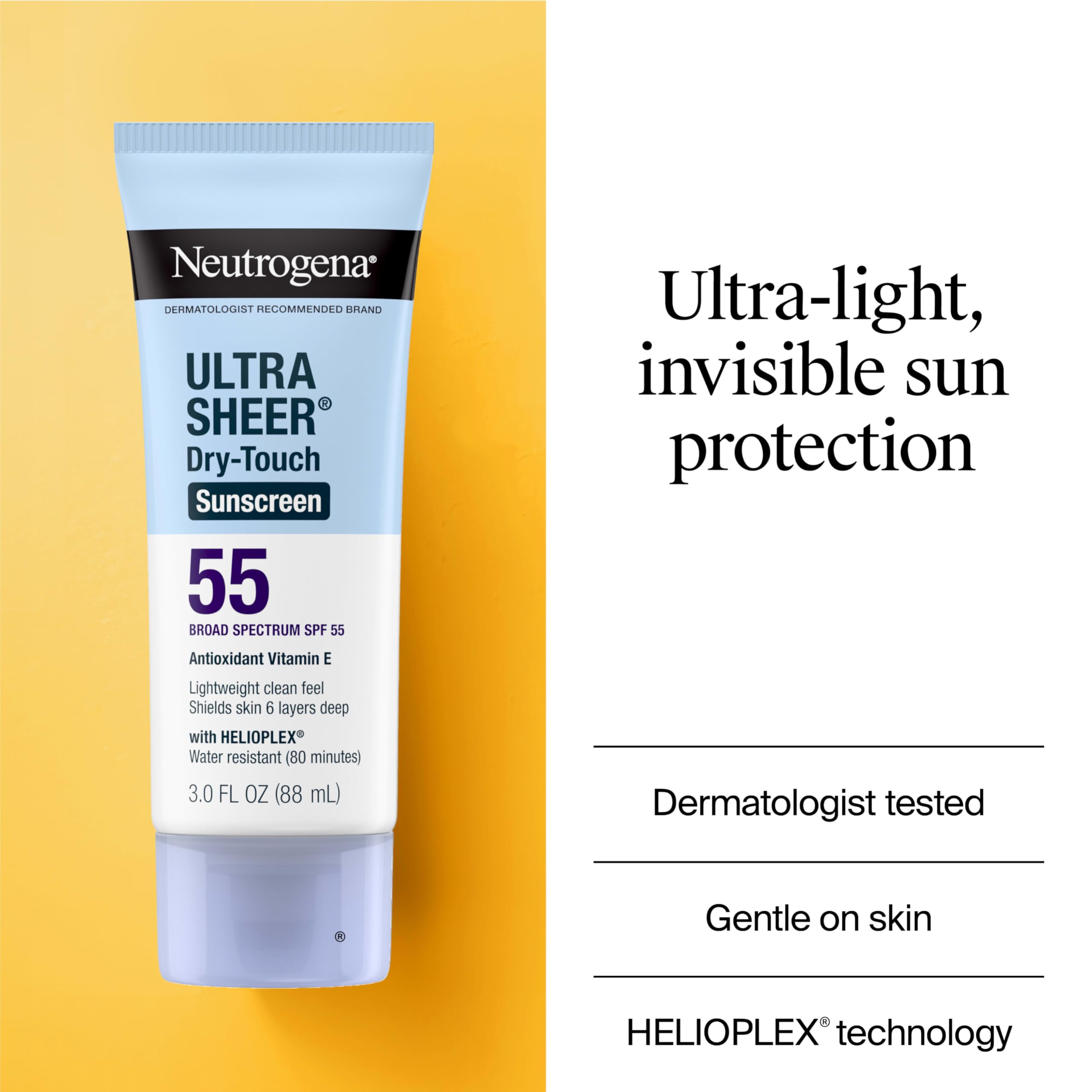 Neutrogena, Ultra Sheer Dry-Touch Sunscreen SPF 55 for Face and Body, Lightweight Non Greasy Broad Spectrum Uva/Uvb Protection, No White Cast, Water Resistant (80 Min) Travel Sunscreen Lotion, 88.7 mL