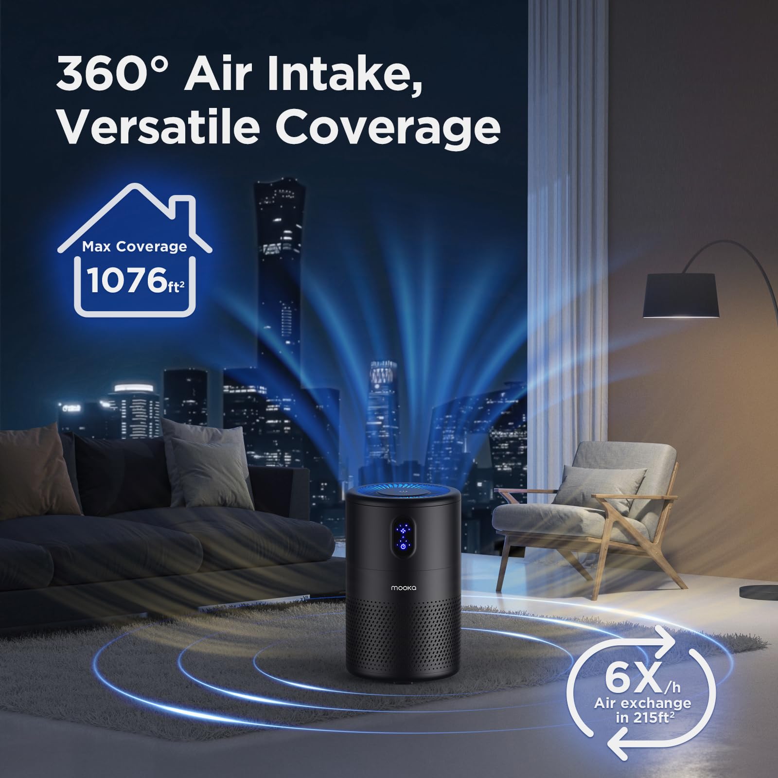 MOOKA Air Purifiers for Home Large Room up to 1076 ft², H13 True HEPA Air Filter Cleaner, Odor Eliminator, Remove Smoke Dust Pollen Pet Dander, Night Light, B-D02L Black