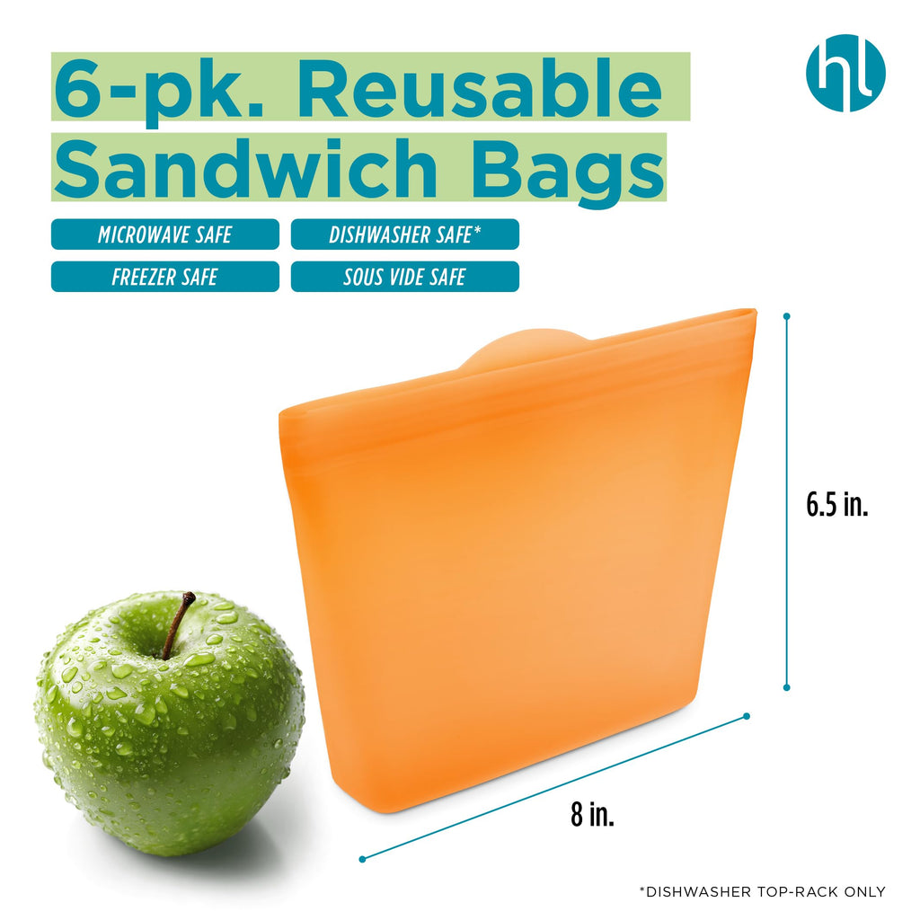 Home Logic Reusable Snack Bags - Set of 6 Clear Silicone Freezer Bags, Airtight Leak Resistant Reusable Zip Bags for Kitchen Home Food Prep, Microwave & Sous Vide Safe