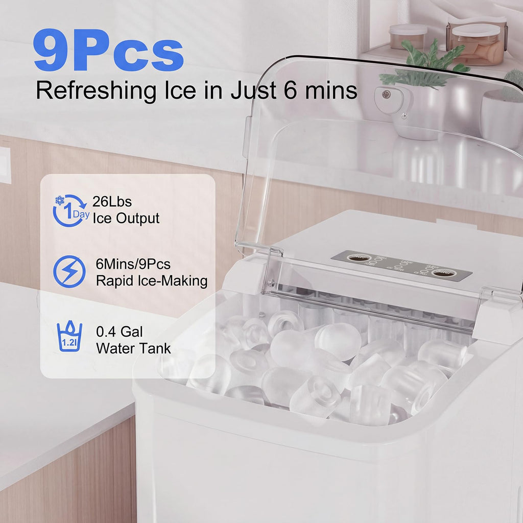 NEWBULIG Ice Makers Countertop with Handle, Portable Ice Machine, 9 Bullet Ice Cubes in 6 Mins, 26lbs in 24Hrs, Auto-Cleaning, with Basket and Scoop, for Home, Kitchen, RV, Camping,Black