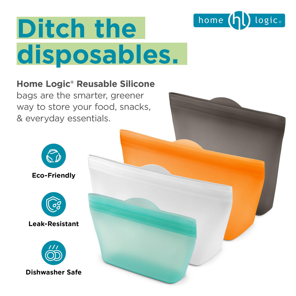 Home Logic Reusable Snack Bags - Set of 6 Clear Silicone Freezer Bags, Airtight Leak Resistant Reusable Zip Bags for Kitchen Home Food Prep, Microwave & Sous Vide Safe